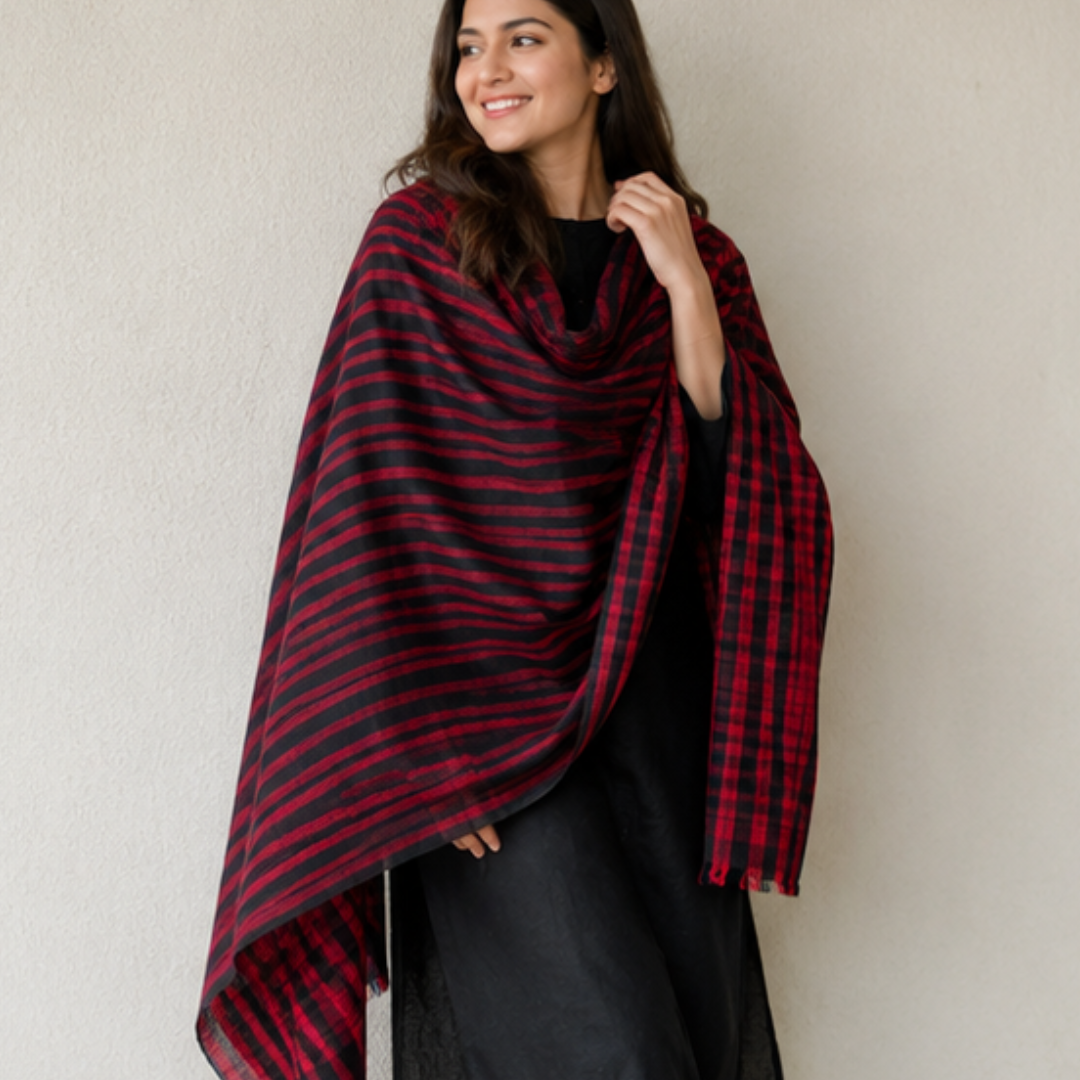 Pure hand woven Kashmiri pashmina red/black check shawl