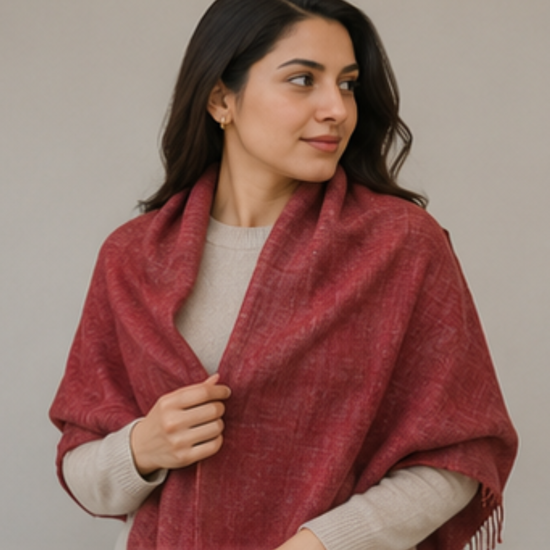 Pure hand woven Kashmiri pashmina Red shawl with gold zari on one side