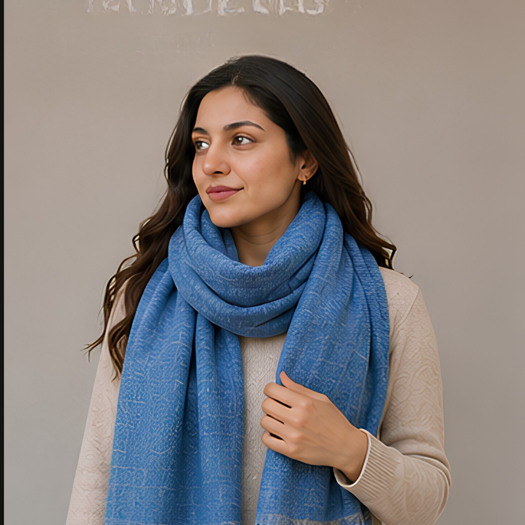Pure hand woven Kashmiri pashmina blue shawl with gold zari on one side