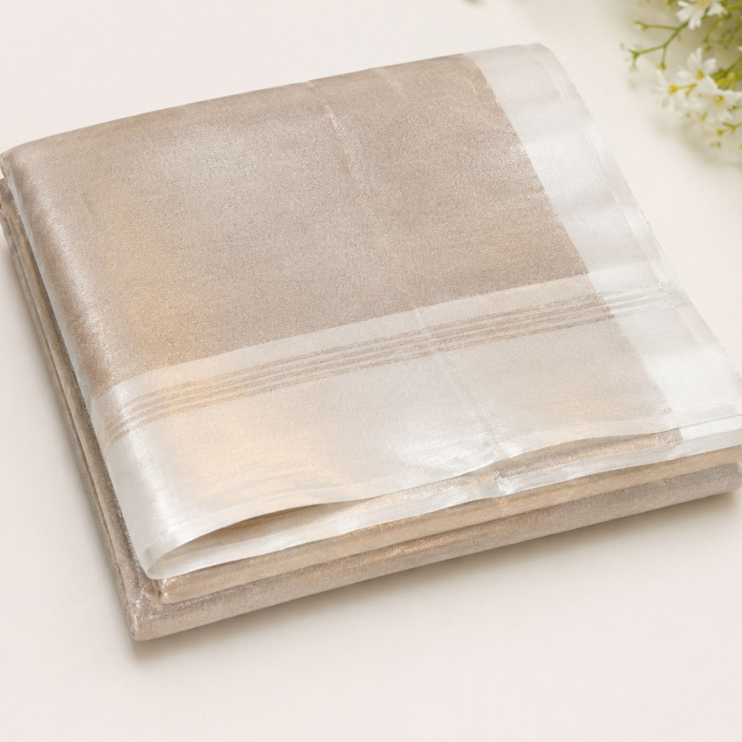 SATIN BORDER SILVER TISSUE SAREE