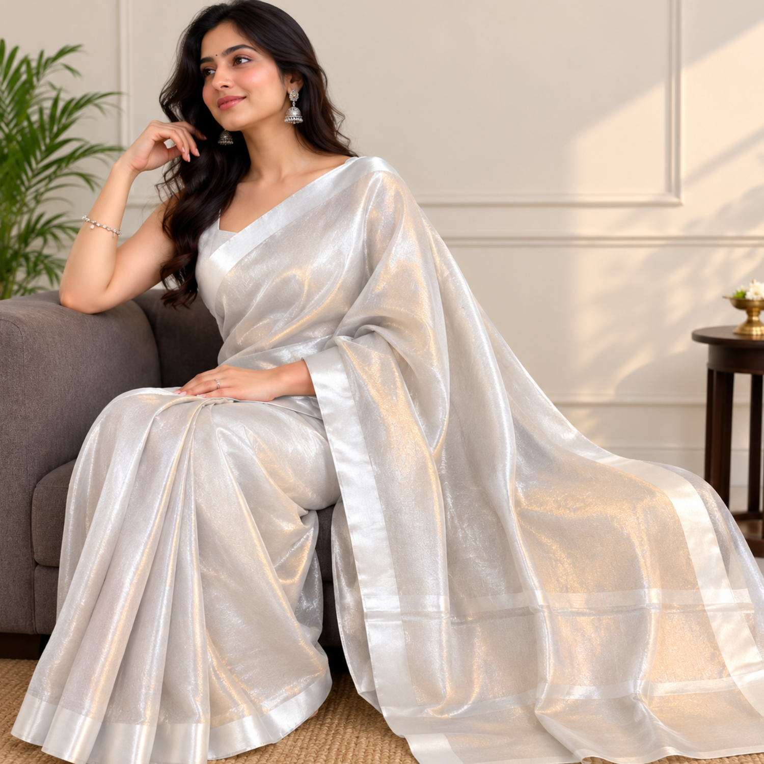SATIN BORDER SILVER TISSUE SAREE