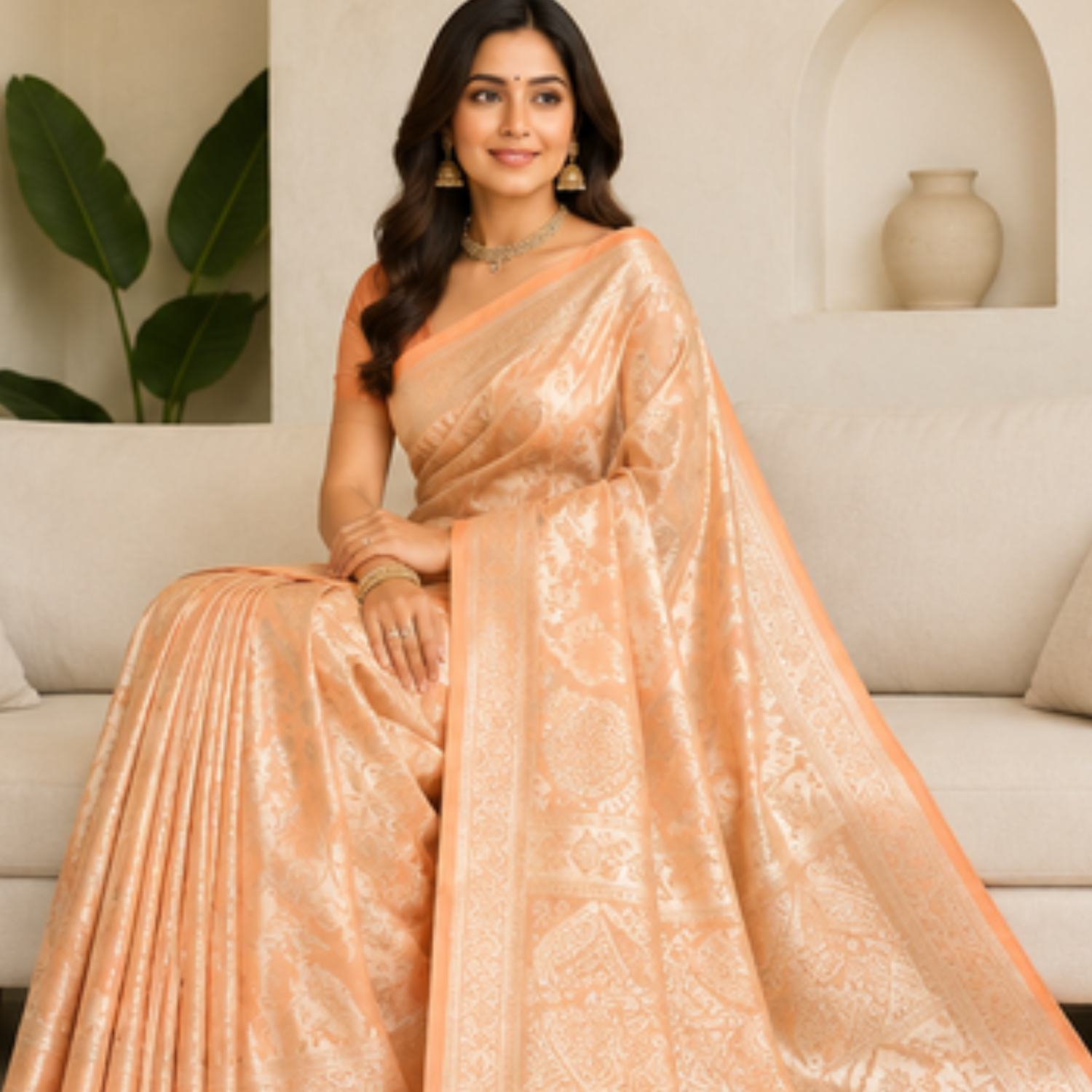 Pure Peach Jaal Banarsi Saree