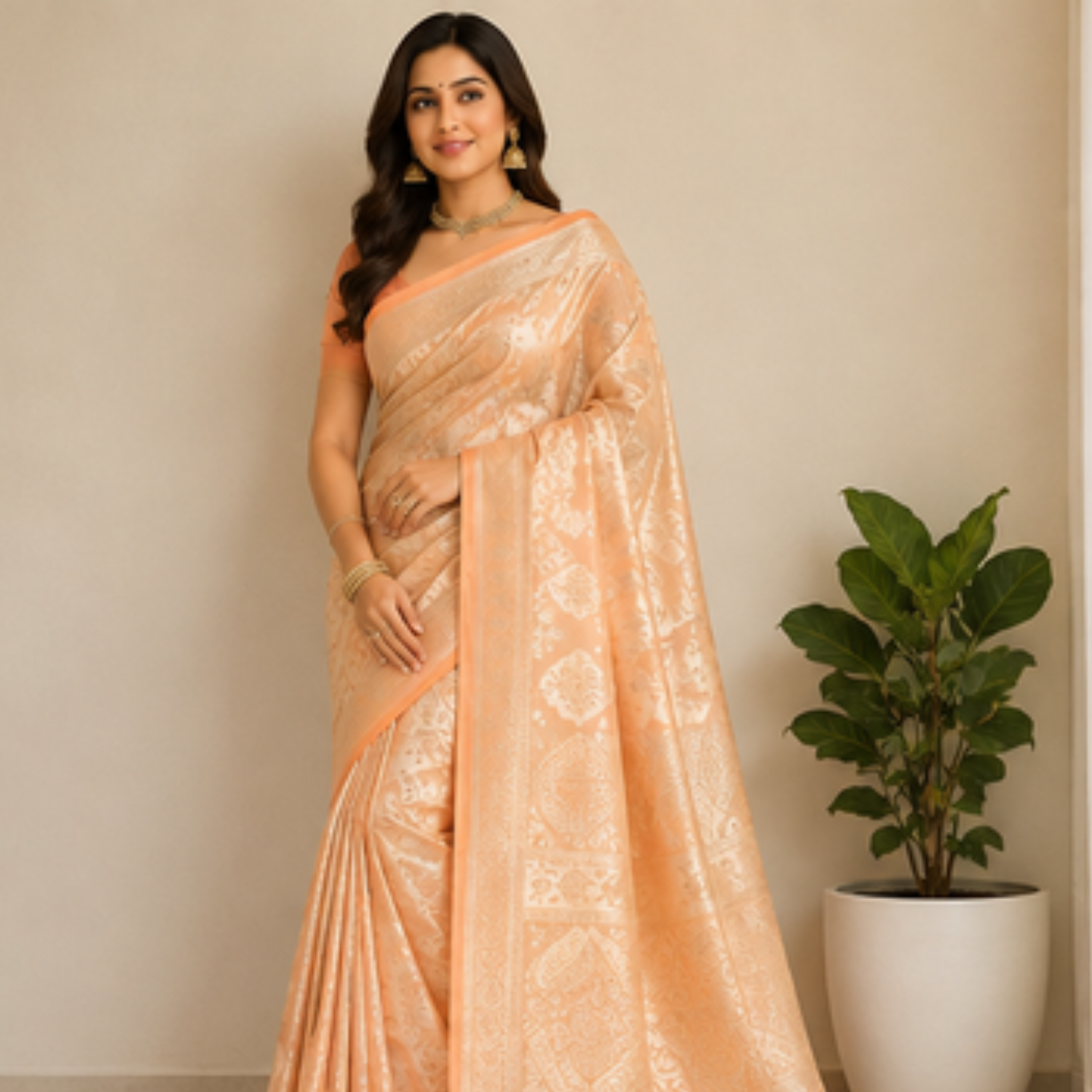 Pure Peach Jaal Banarsi Saree