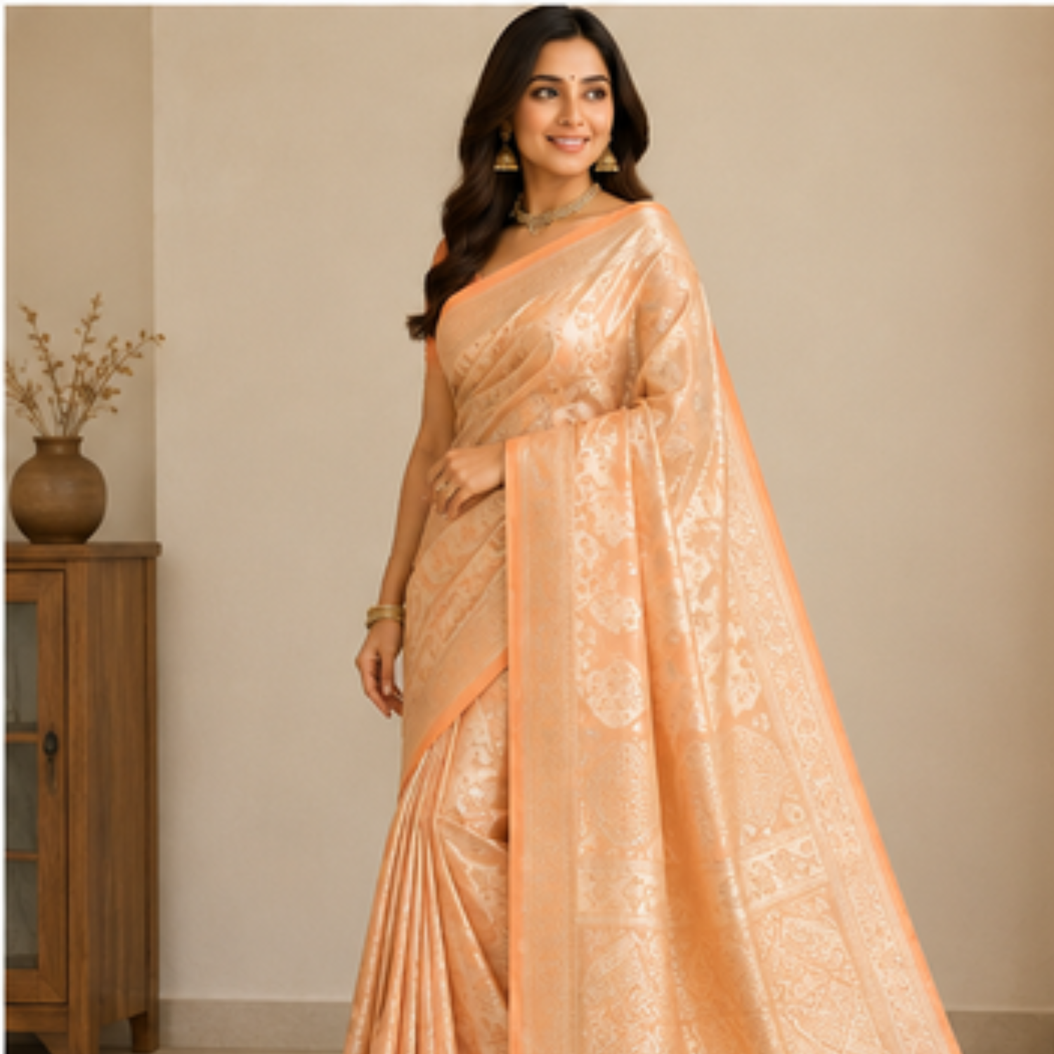 Pure Peach Jaal Banarsi Saree
