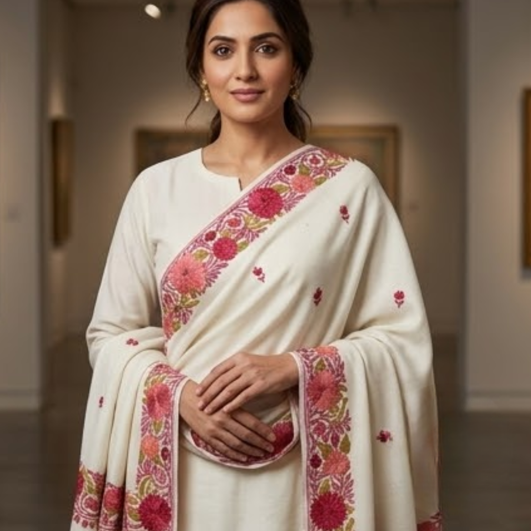 White Kashmiri Embroidered Stole
