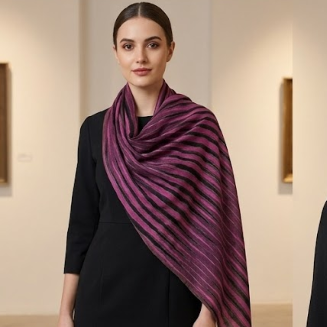 Pure hand woven Kashmiri pashmina Magenta/Black with gold zari on one side