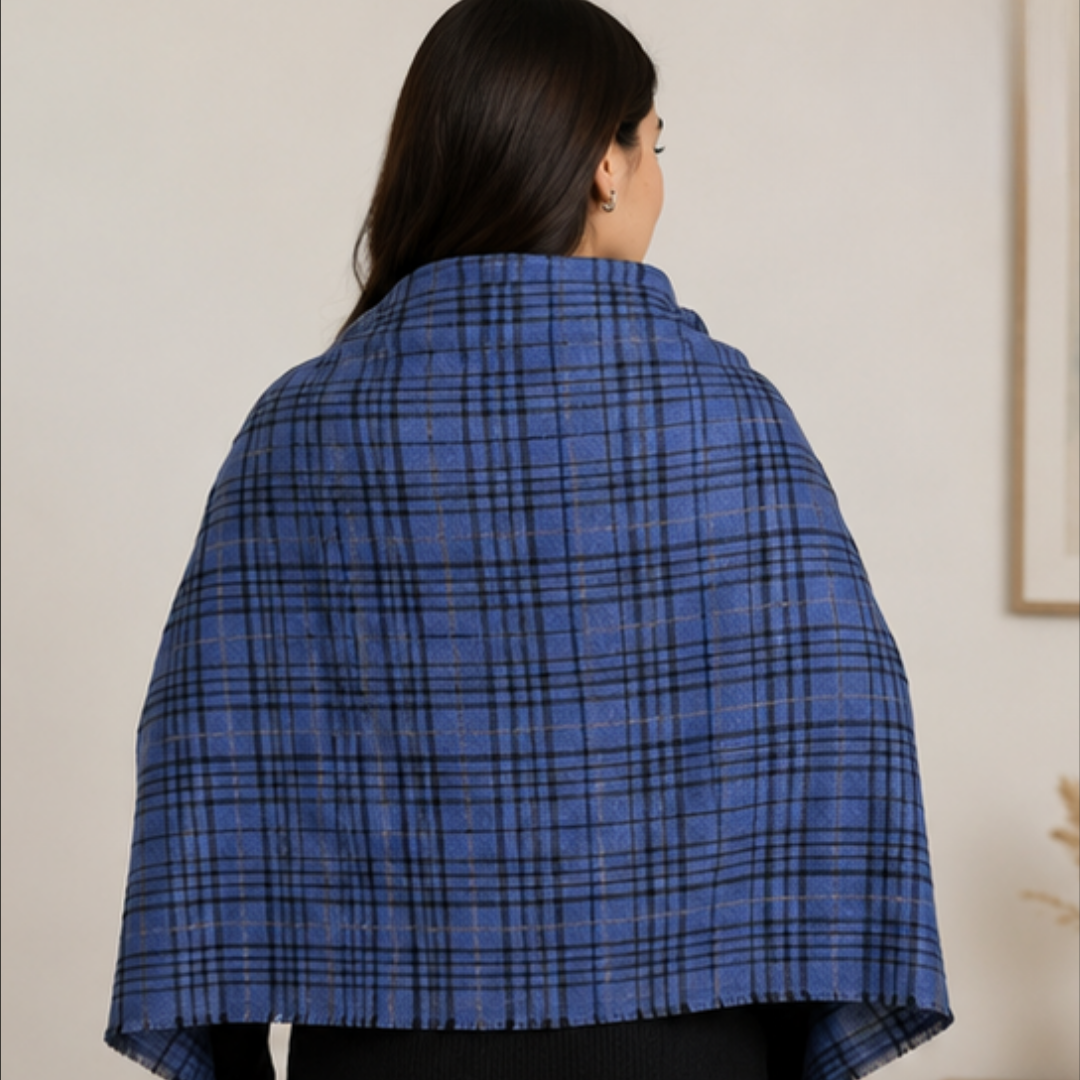 Pure hand woven Kashmiri pashmina blue striped/check two toned textured stole
