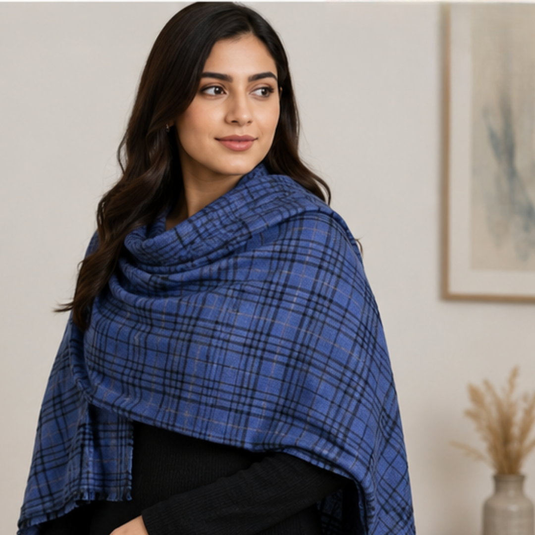 Pure hand woven Kashmiri pashmina blue striped/check two toned textured stole