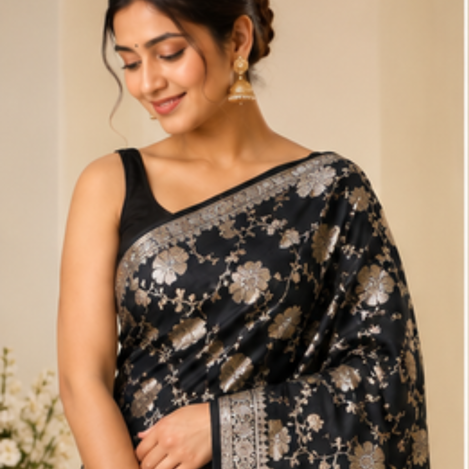 Pure Black Jaal Banarsi Saree