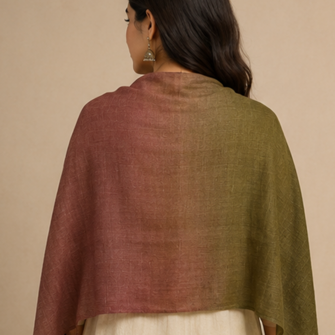 Pure hand woven Kashmiri pashmina olive green/brown two toned textured stole