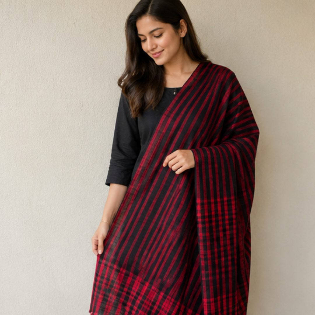 Pure hand woven Kashmiri pashmina red/black check shawl