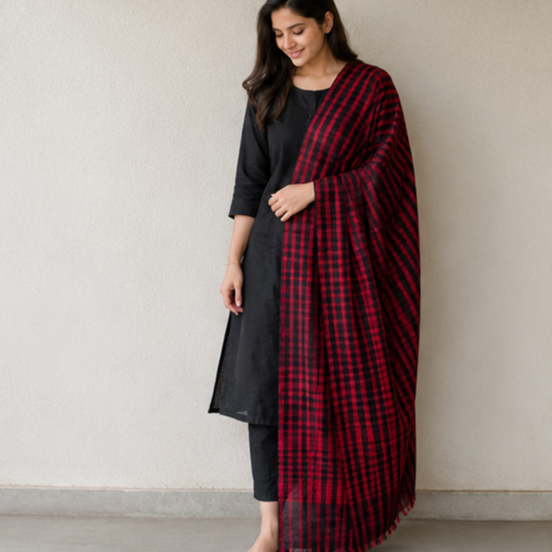 Pure hand woven Kashmiri pashmina red/black check shawl