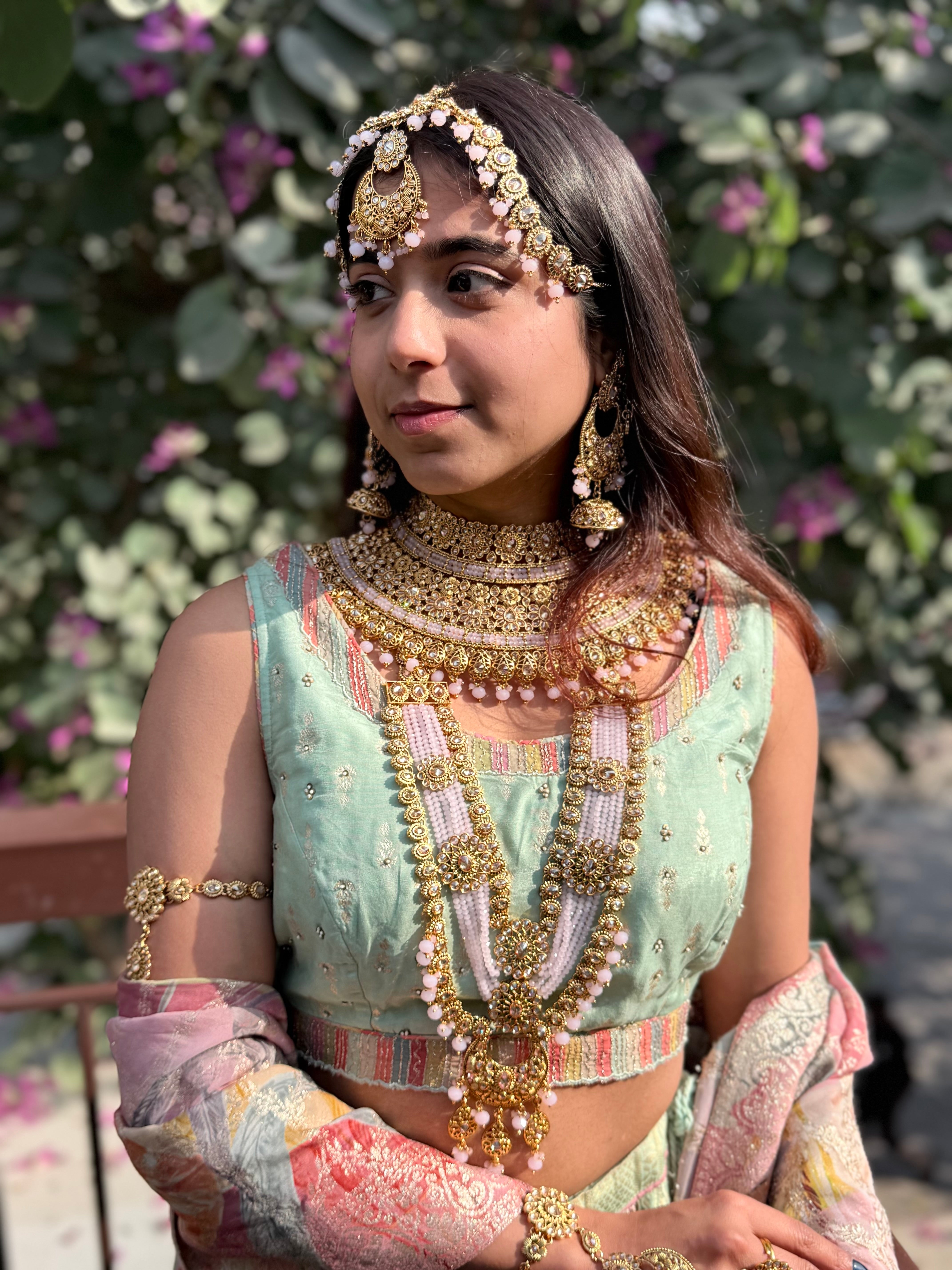 Designer Pink Full Bridal Polki Necklace Set