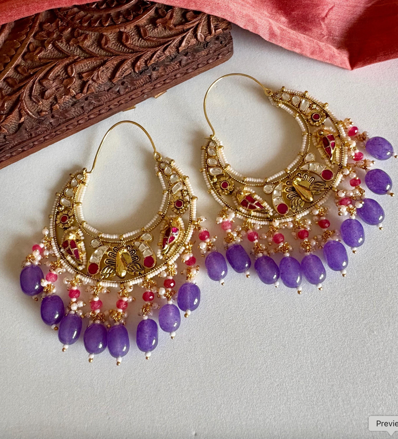Ruby and Purple Kundan Chandbalis