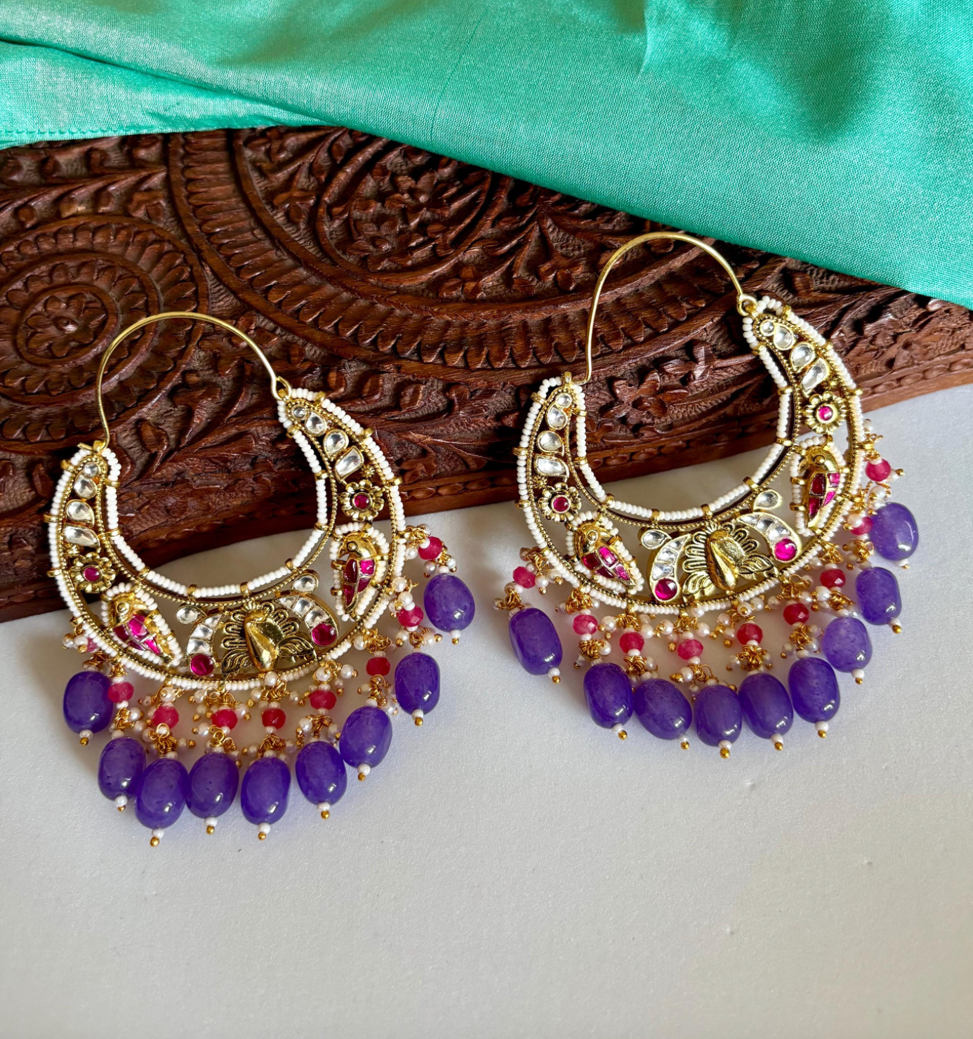 Ruby and Purple Kundan Chandbalis