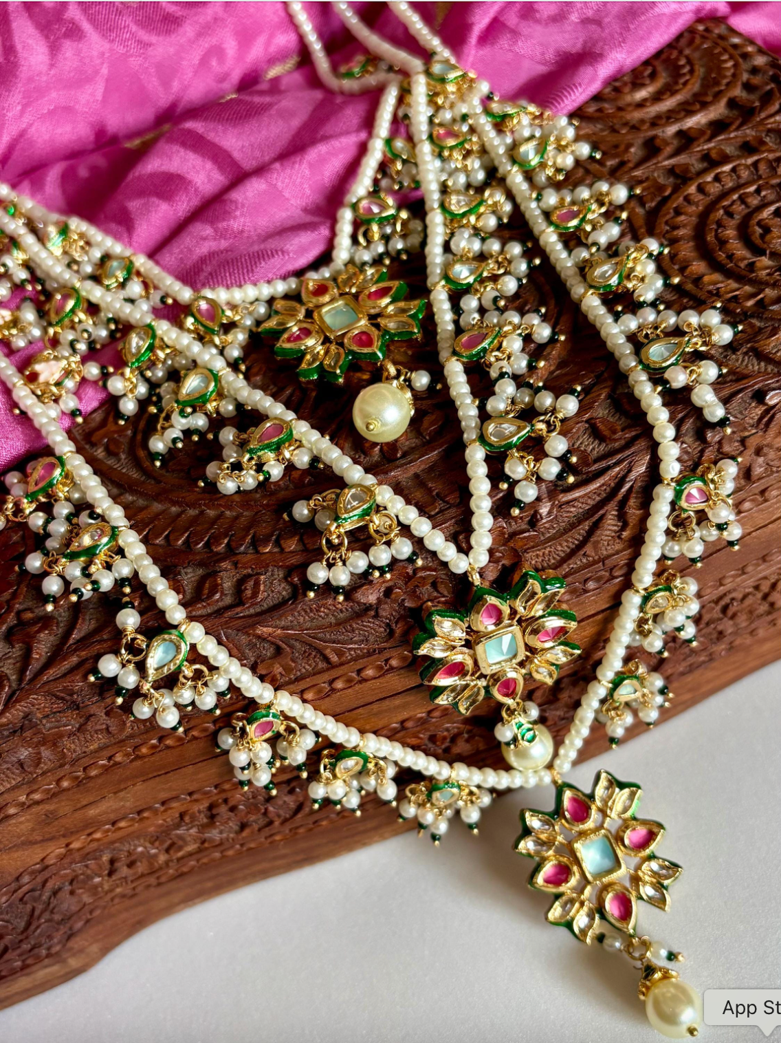 Pink and Mintgreen Kundan Necklace Set