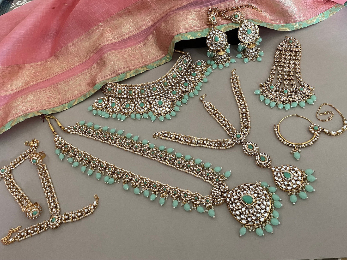 Sabyasachi Inspired/Kundan Necklace Set/Bridal Jewelry Set/Full Bridal Set/Mintgreen Bridal Set/Indian Jewelry/Bollywood Jewelry/Wedding Set