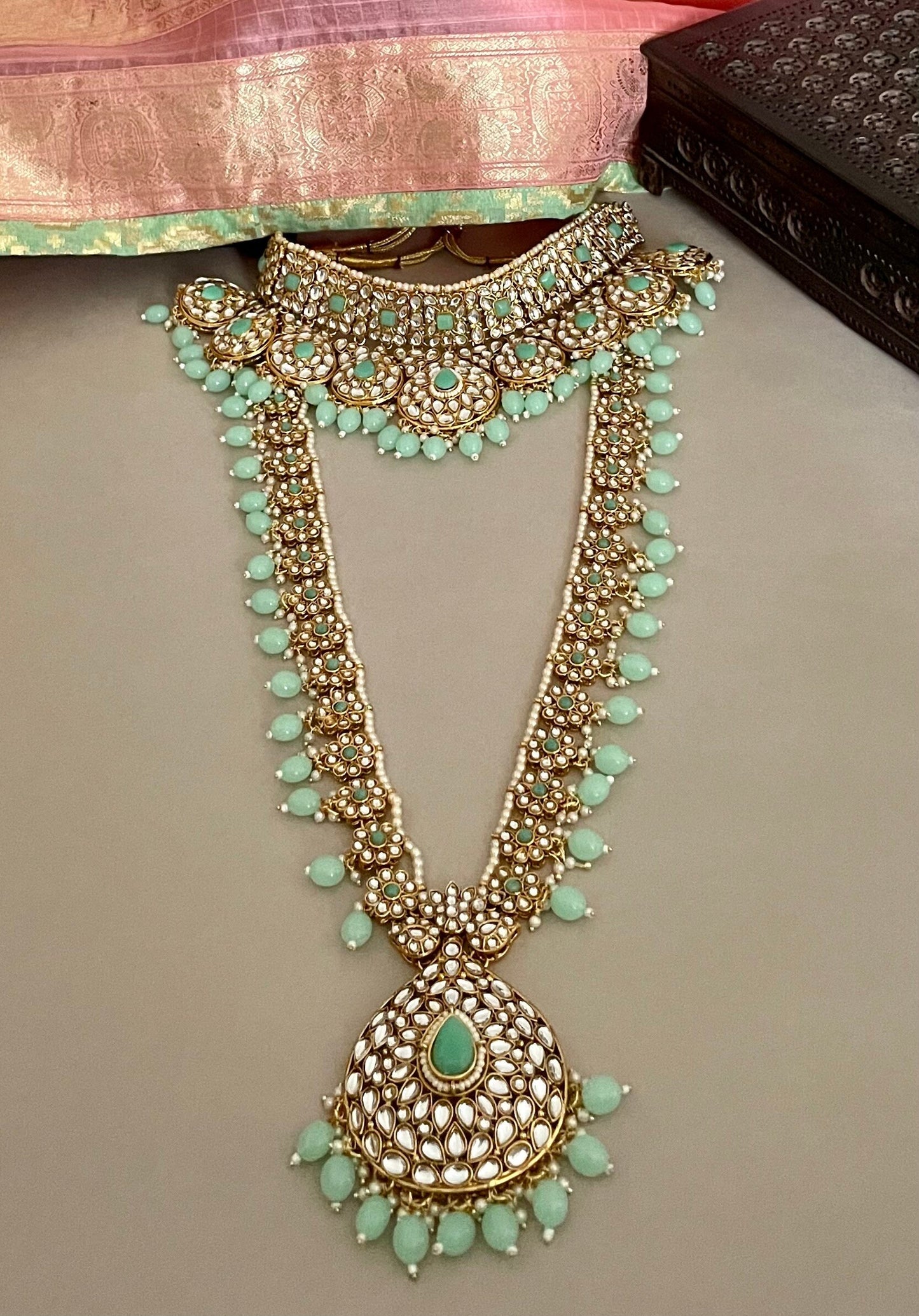 Sabyasachi Inspired/Kundan Necklace Set/Bridal Jewelry Set/Full Bridal Set/Mintgreen Bridal Set/Indian Jewelry/Bollywood Jewelry/Wedding Set