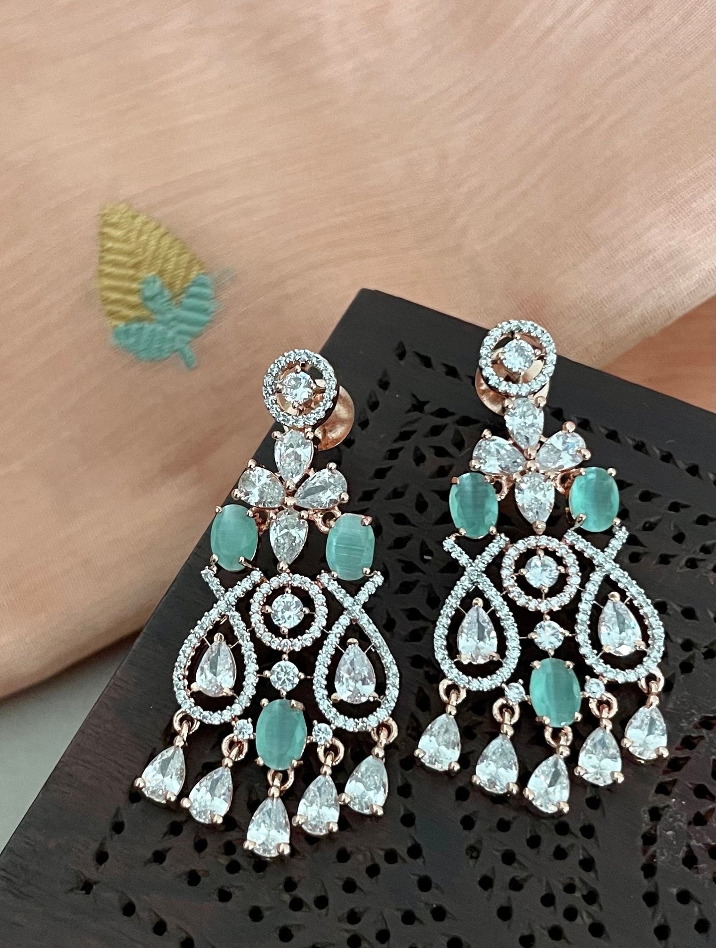 Mintgreen Rosegold Diamond Set/American Diamond Set/Diamond Tika Set/CZ Set/Zicon Jewelry/Indian Jewelry Set/Wedding Set