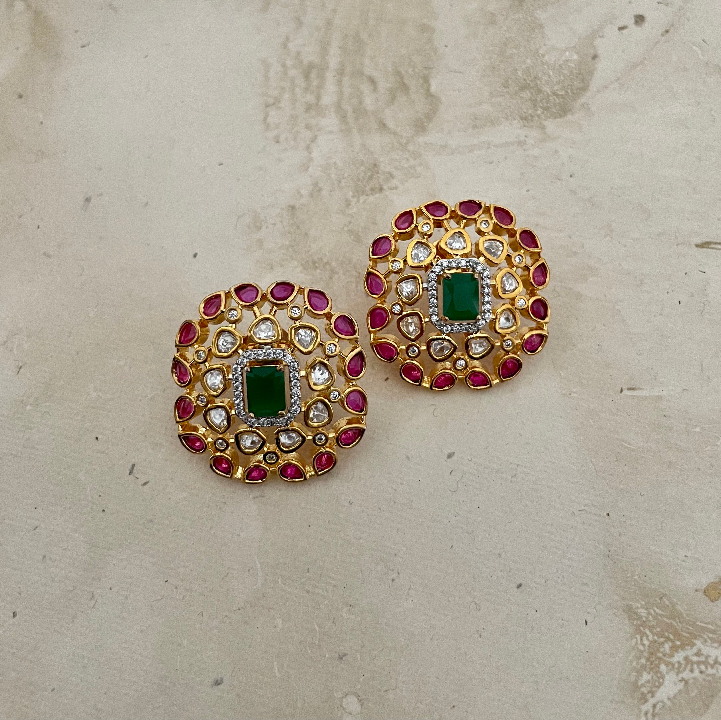 Red and Green Kundan Stud Earrings