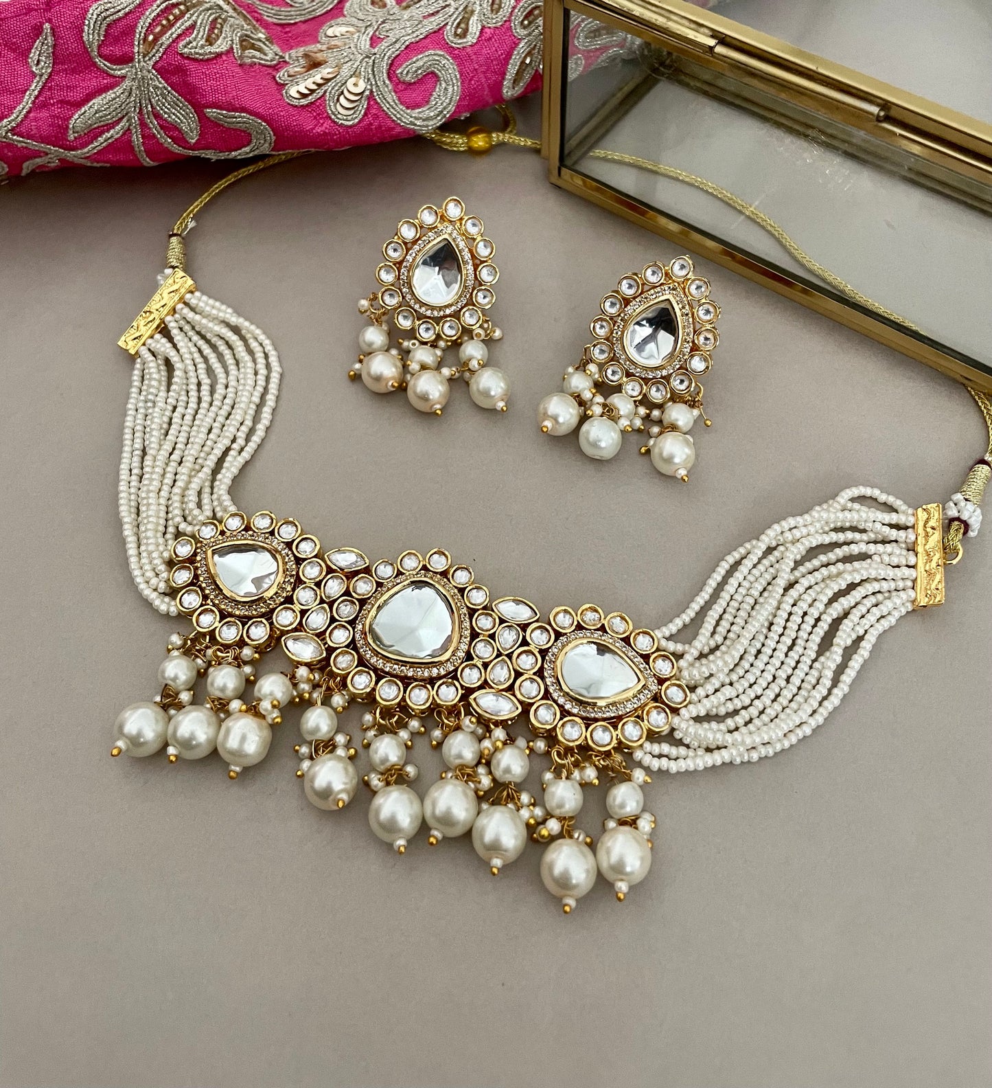 Kundan Choker Jewelry Set/Uncut Polki Set/Gold Kundan Studs/Kundan and CZ Jewelry/Indian Jewelry/Bollywood Jewelry/Wedding Jewellery
