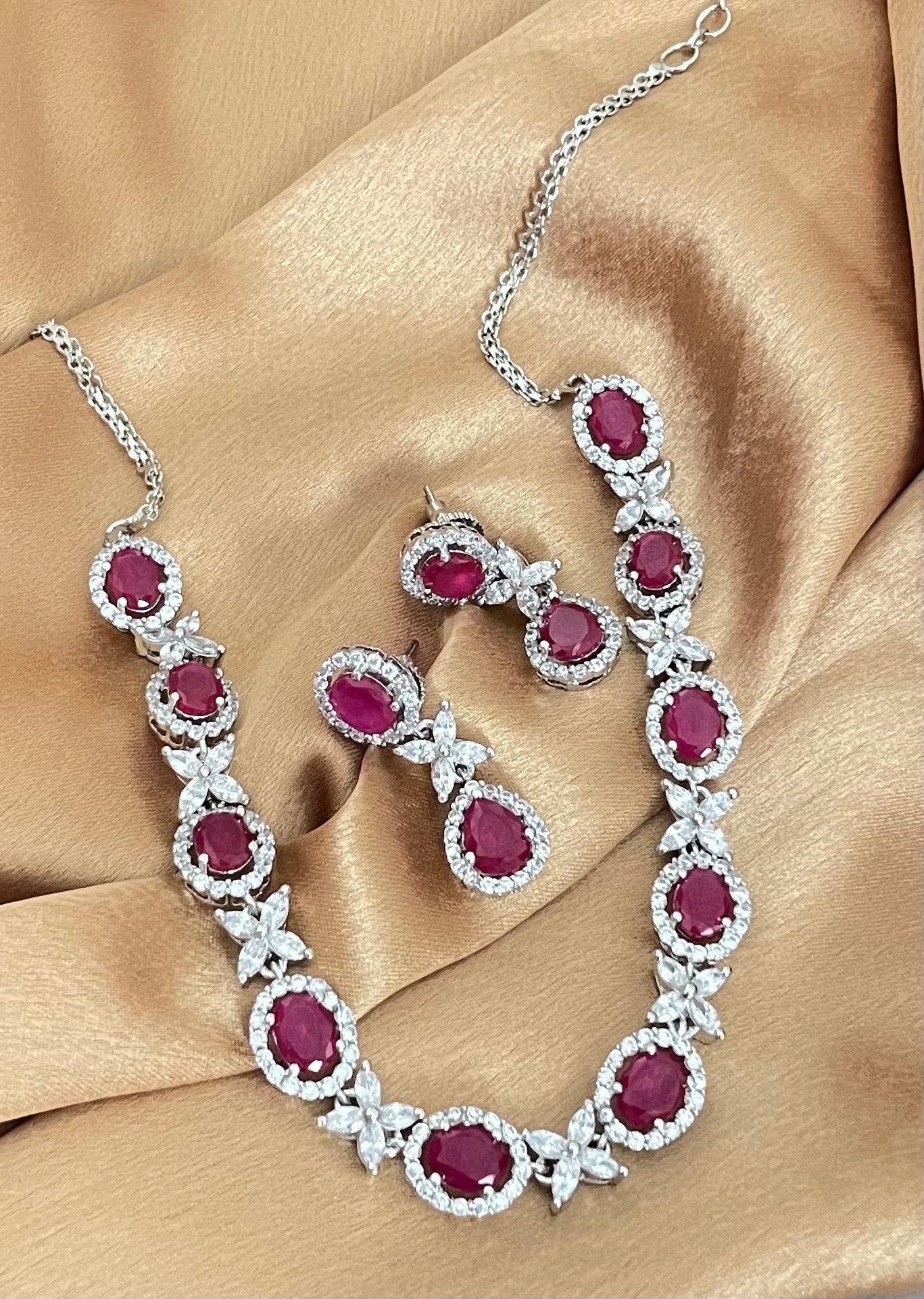 Ruby Red and Diamond Set/American Diamond Red Set/Cubic Zirconia Set/Indian Jewelry Set/Wedding Set
