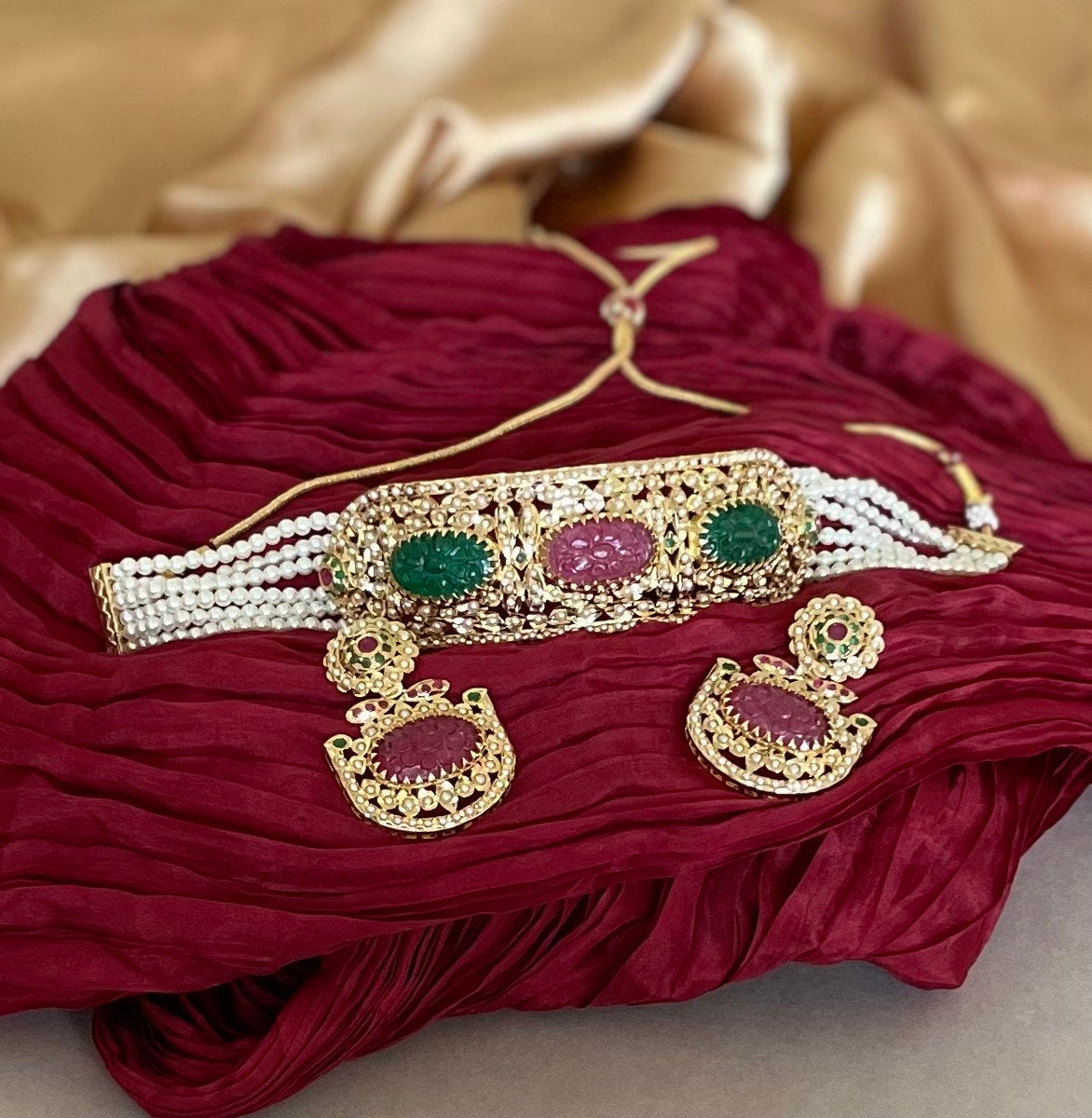 Pink and Green Jadau Choker Necklace Set