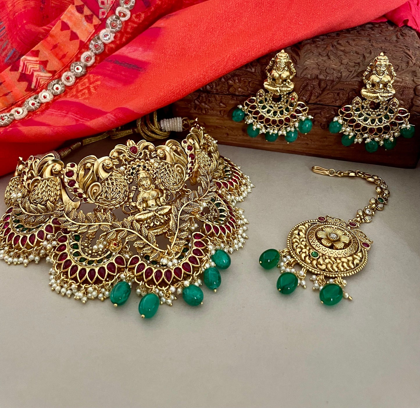 Sabyasachi Inspired/Red and Green Temple Bridal Jewelry Set/Goddess Lakshmi Bridal Set/Indian Bridal Jewelry Set/Bollywood Jewelry