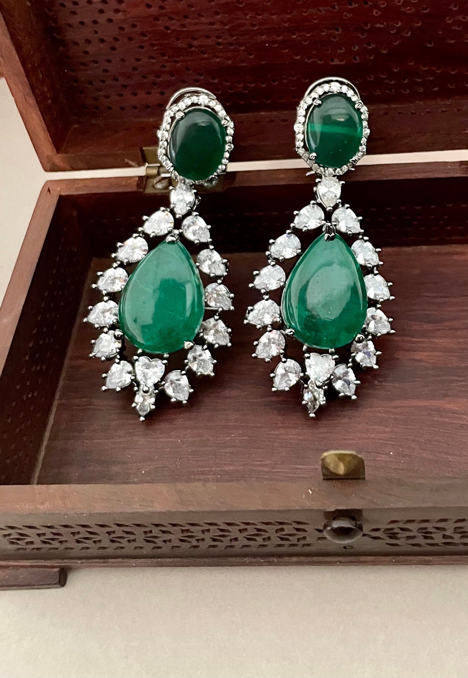 Green Victorian Faux Diamond Earrings