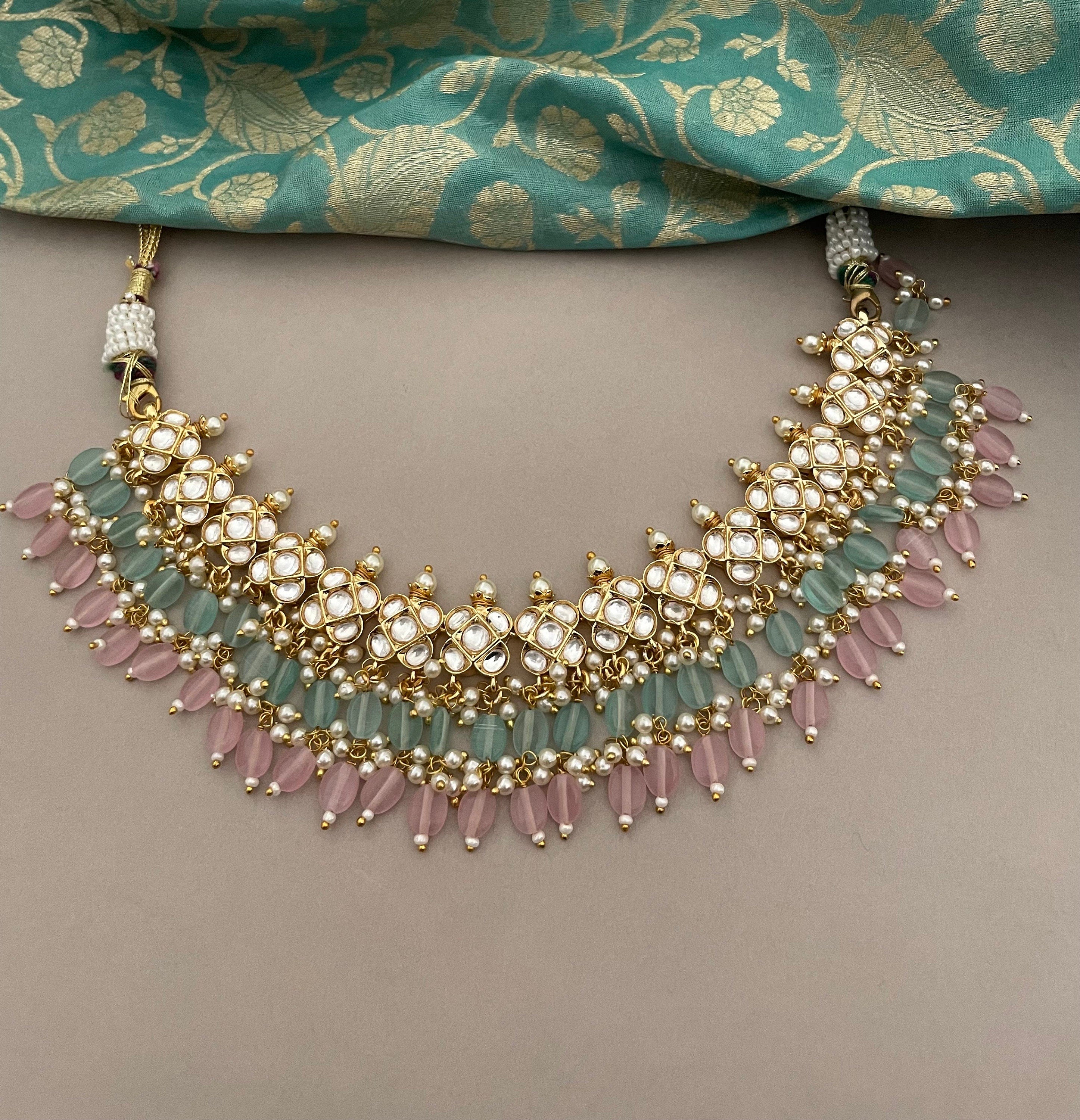 Pink and Mintgreen Kundan Necklace Set