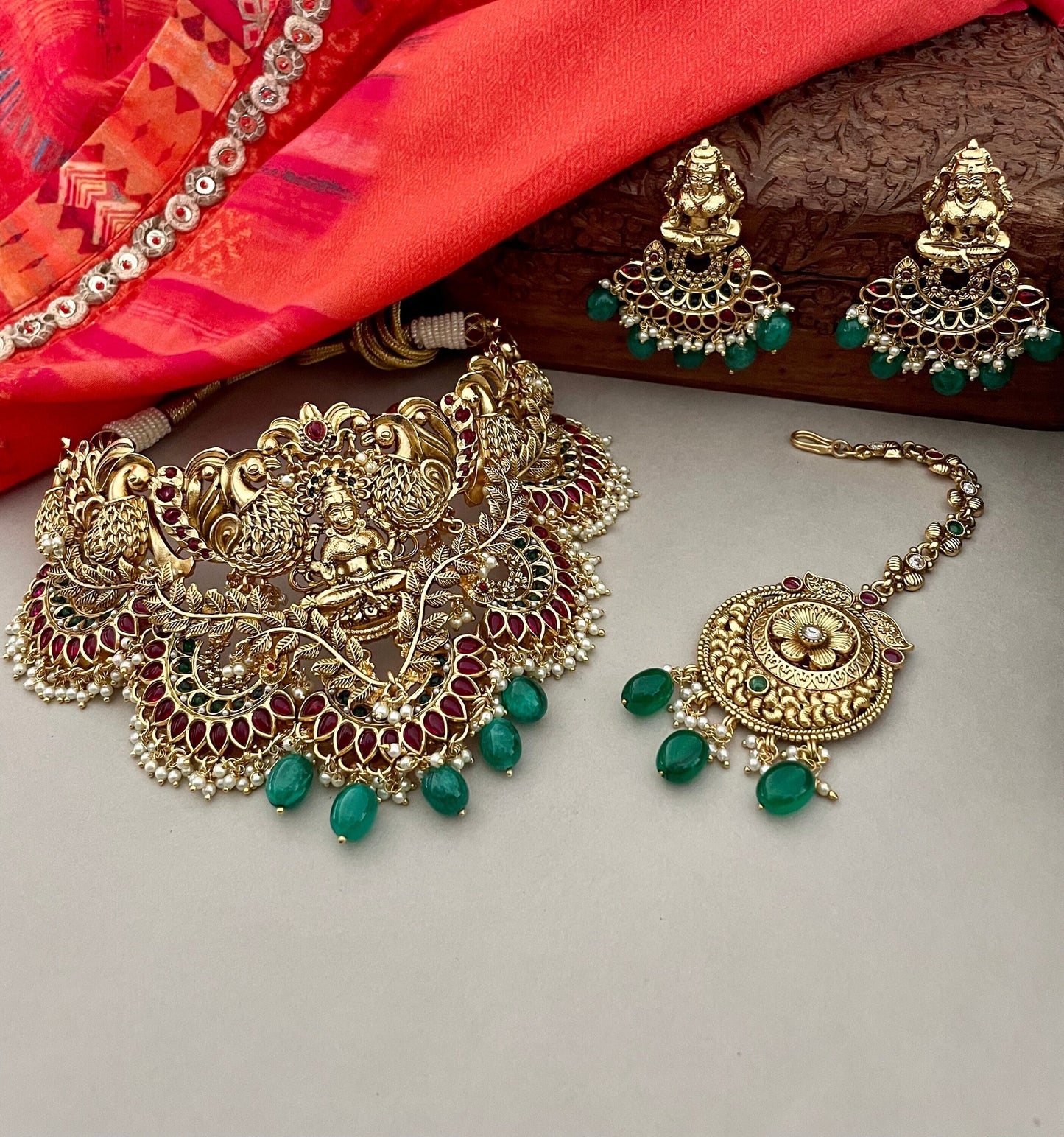Sabyasachi Inspired/Red and Green Temple Bridal Jewelry Set/Goddess Lakshmi Bridal Set/Indian Bridal Jewelry Set/Bollywood Jewelry