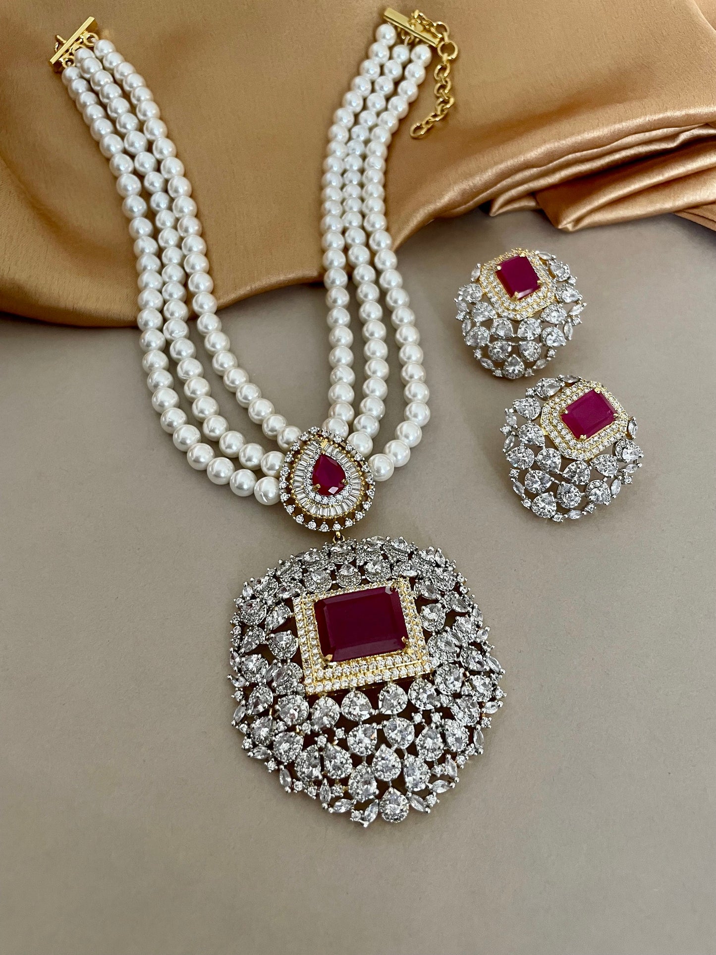 Ruby Red Diamond Set/American Diamond Set/Diamond and Pearls Set/Cocktail Set/CZ Jewelry Set/Cubic Zirconia/Indian Jewelry Set/Wedding Set
