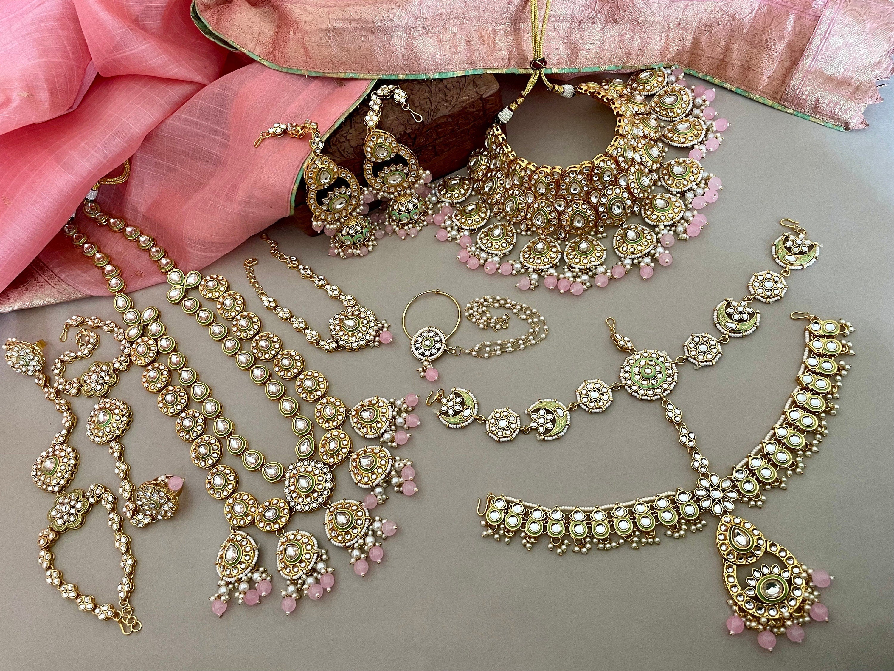 Pink and Mintgreen Kundan Bridal Necklace Set