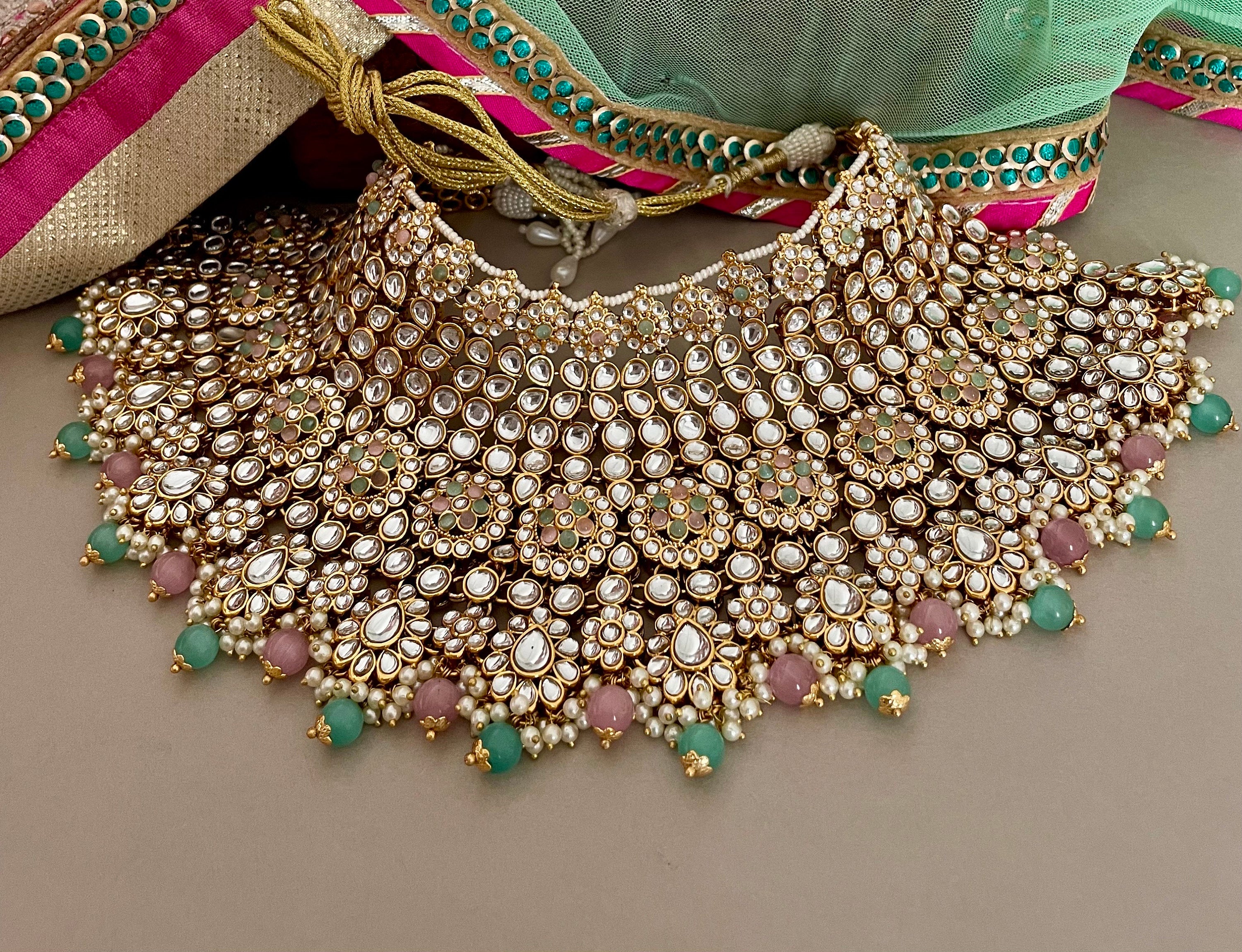 Pink and Mintgreen Kundan Bridal Necklace Set