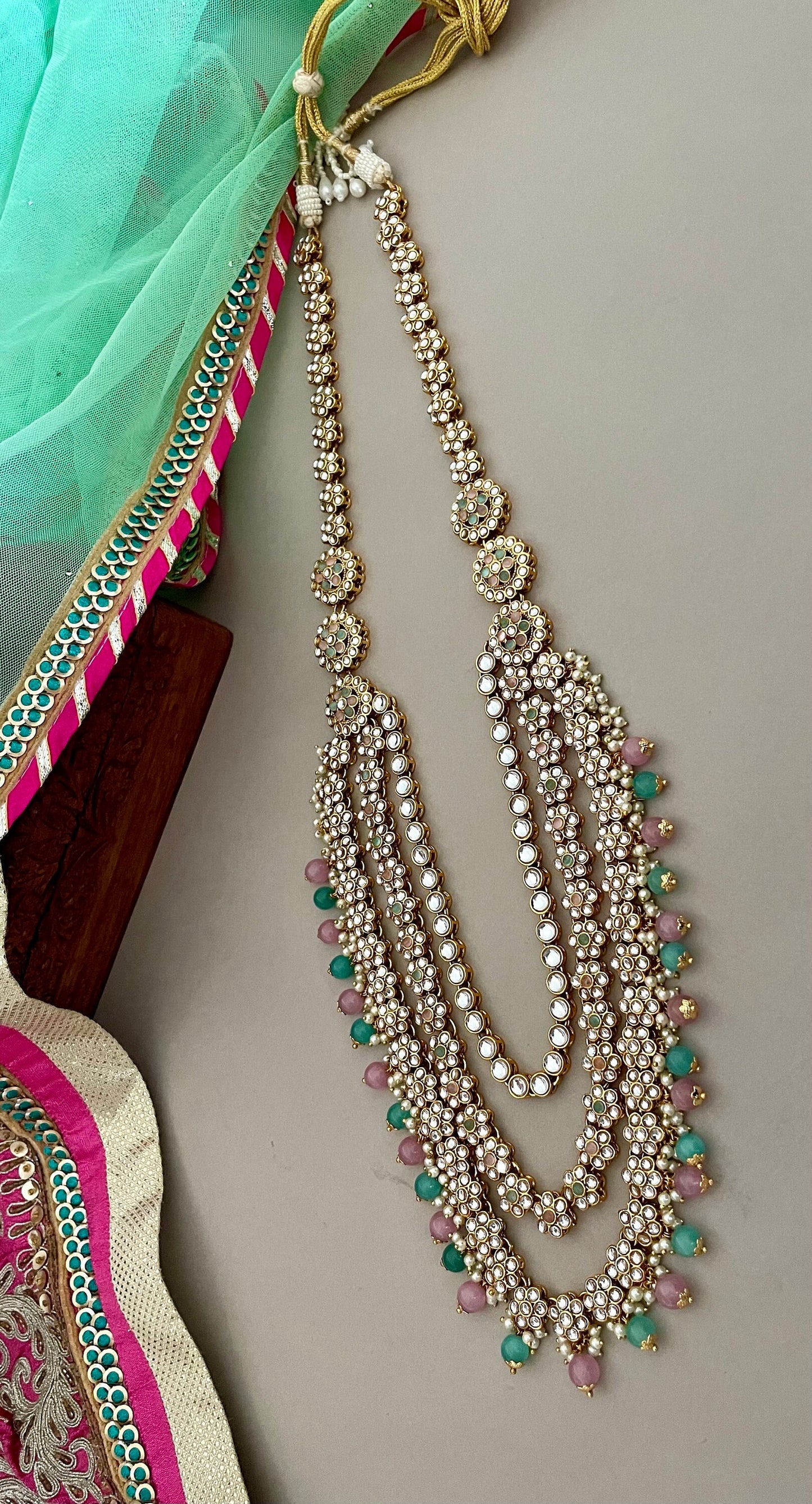 Pink and Mintgreen Kundan Bridal Necklace Set
