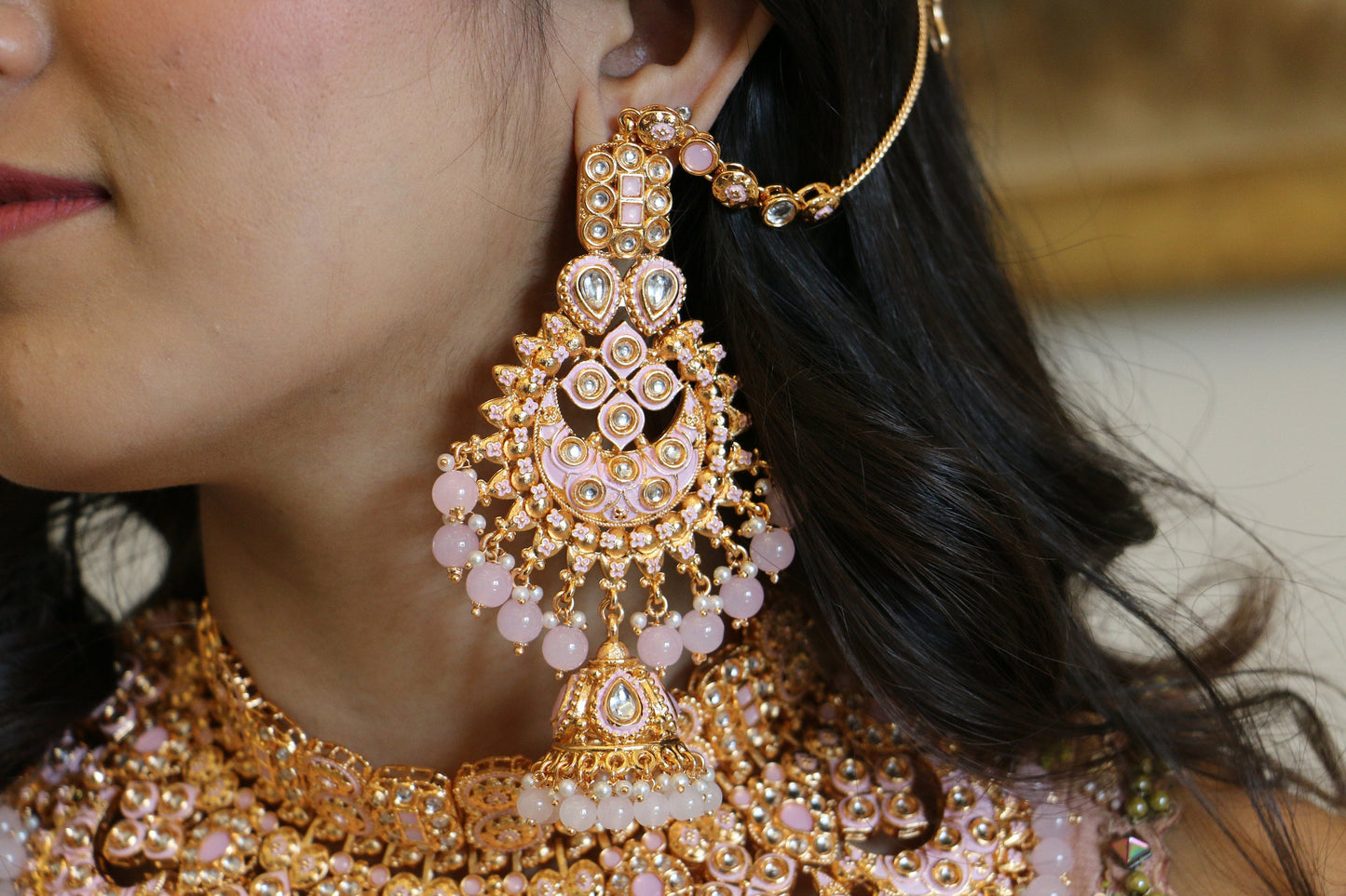 Pink Rosegold Kundan Bridal Necklace Set