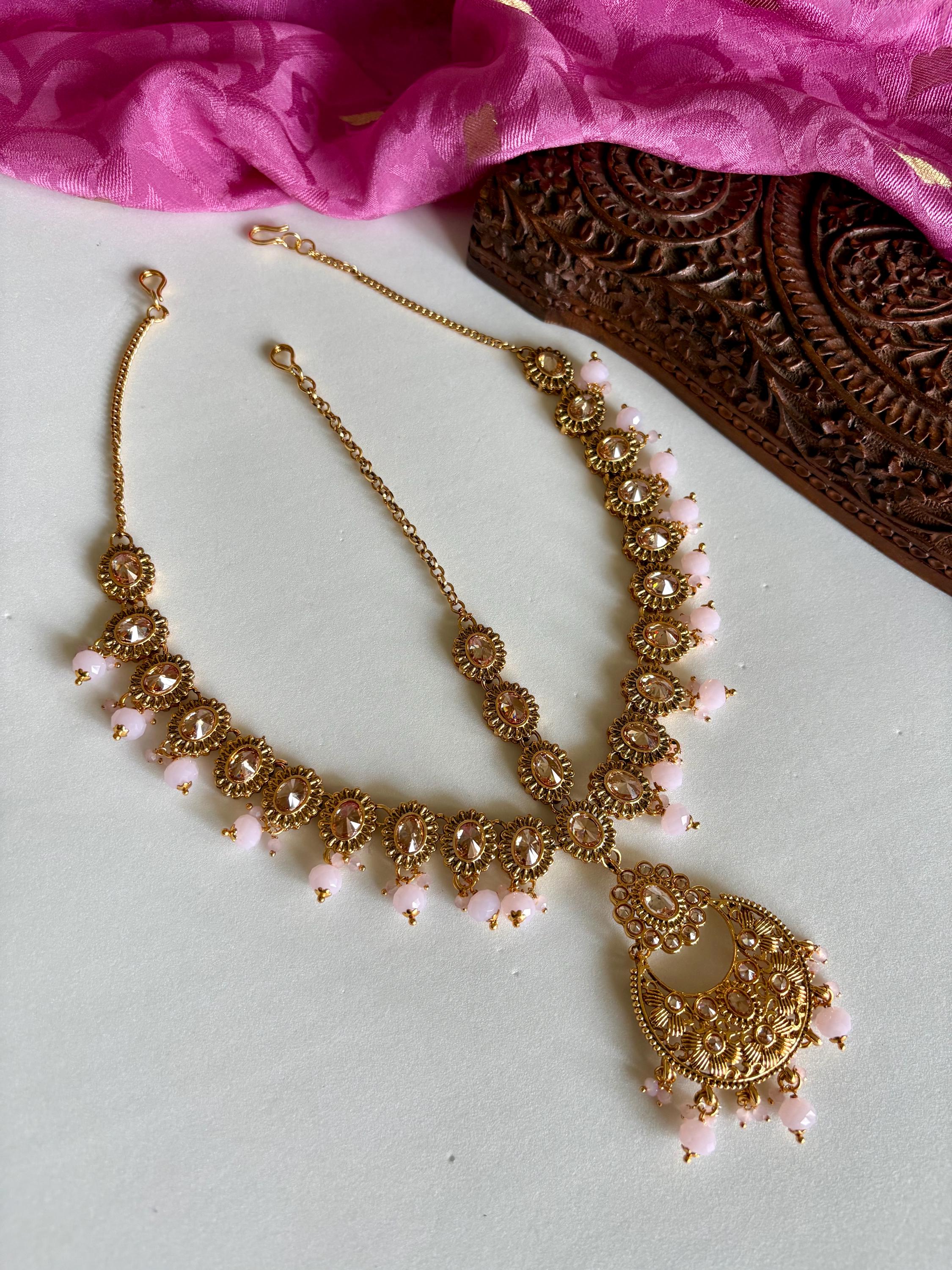 Designer Pink Full Bridal Polki Necklace Set