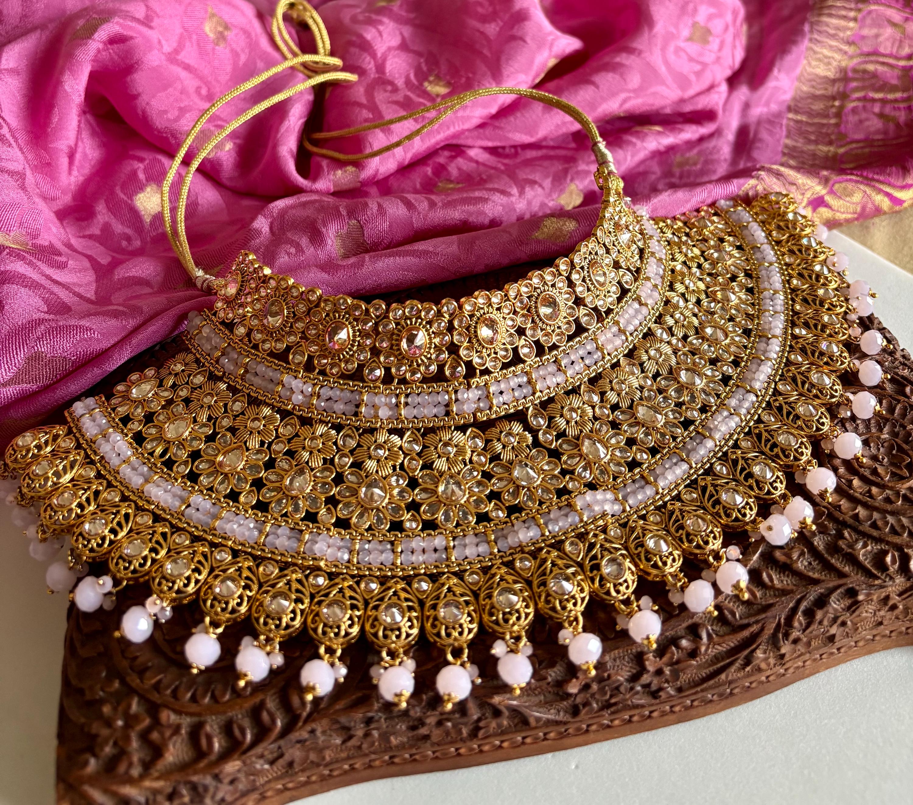 Designer Pink Full Bridal Polki Necklace Set
