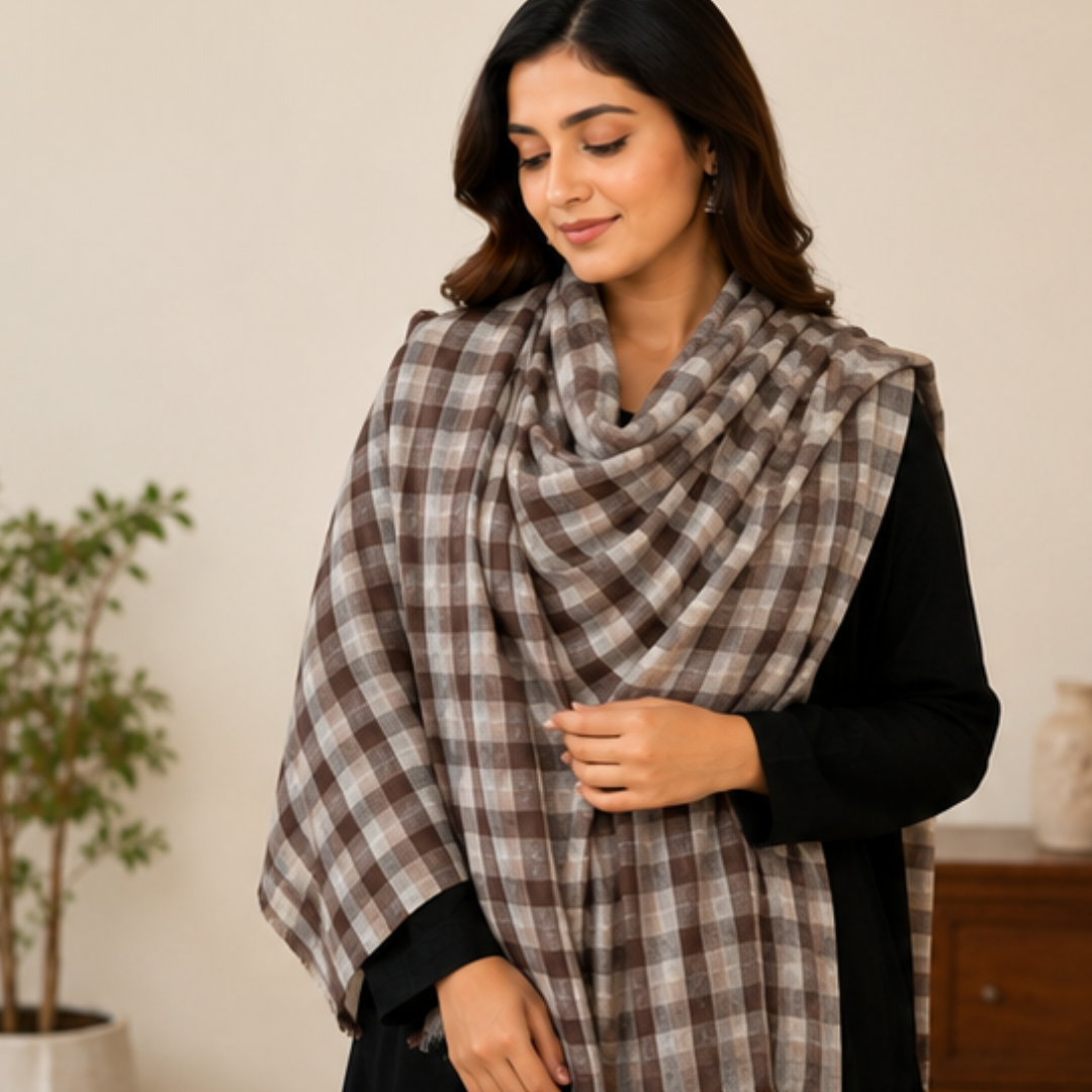 Pure hand woven Kashmiri pashmina brown/beige/cream check shawl