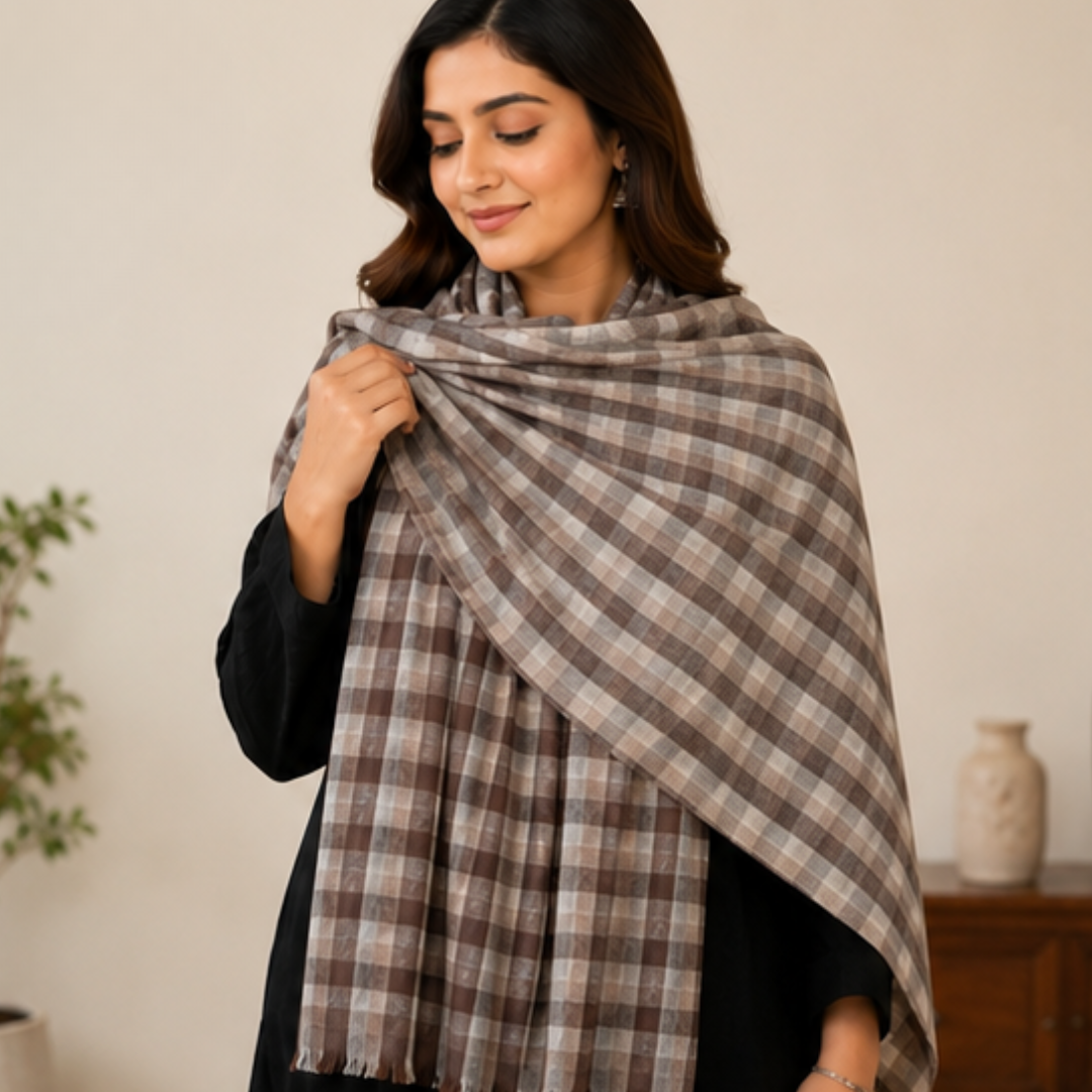 Pure hand woven Kashmiri pashmina brown/beige/cream check shawl