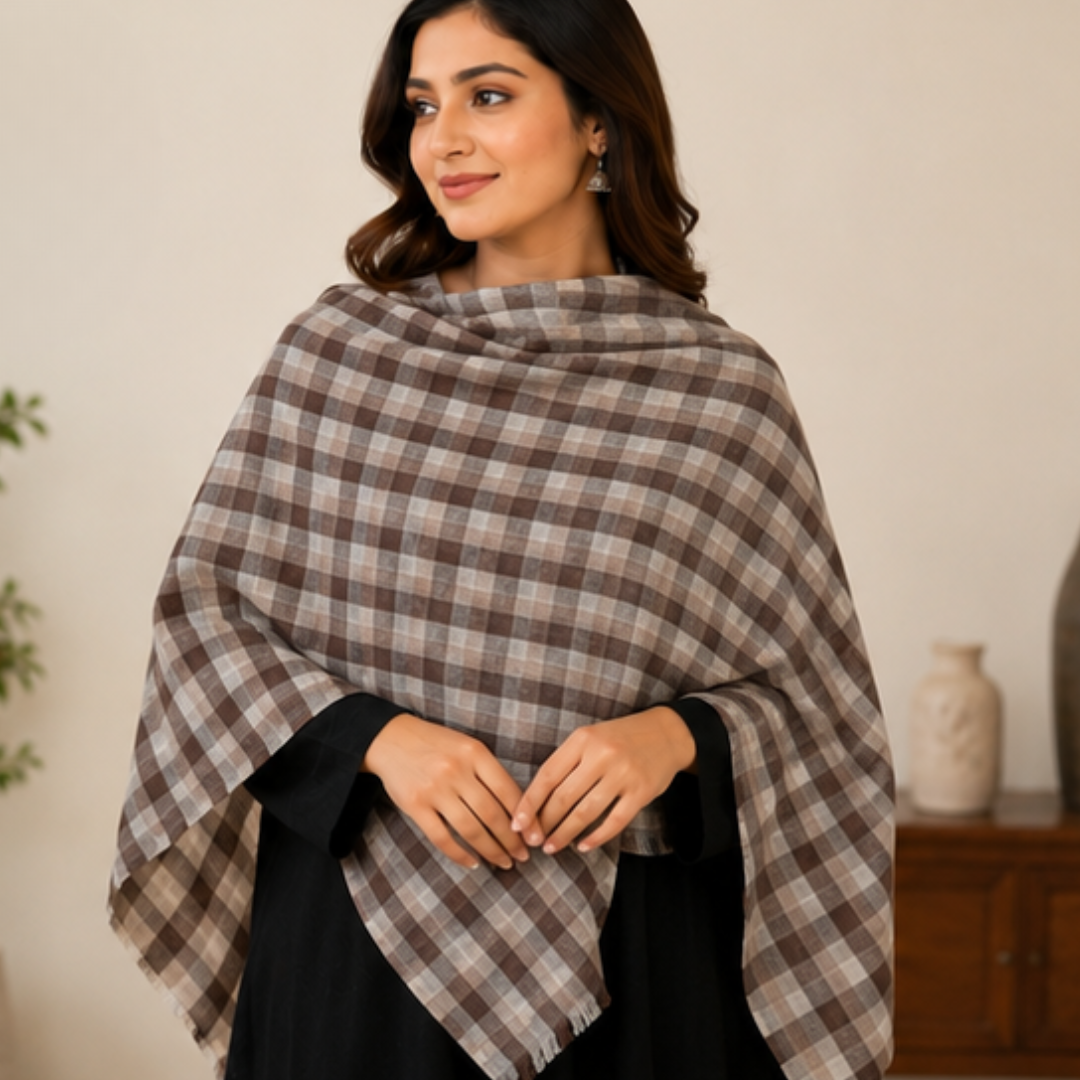 Pure hand woven Kashmiri pashmina brown/beige/cream check shawl