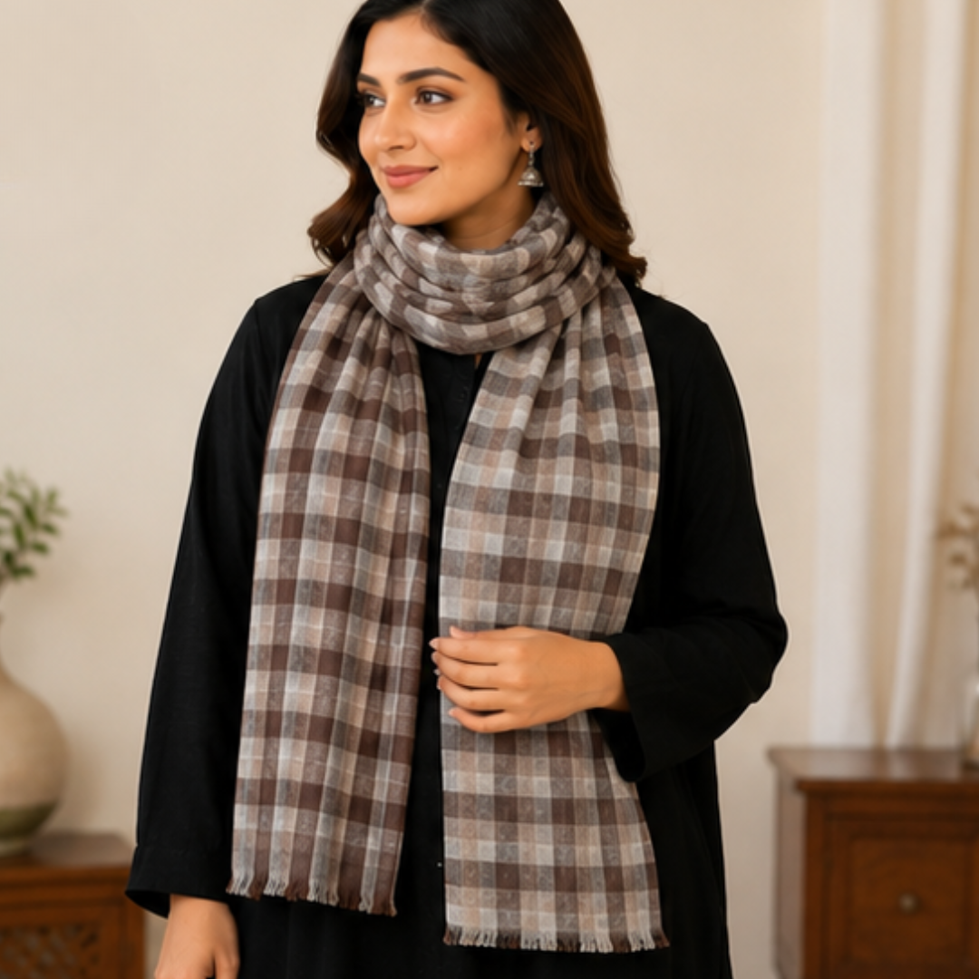 Pure hand woven Kashmiri pashmina brown/beige/cream check shawl
