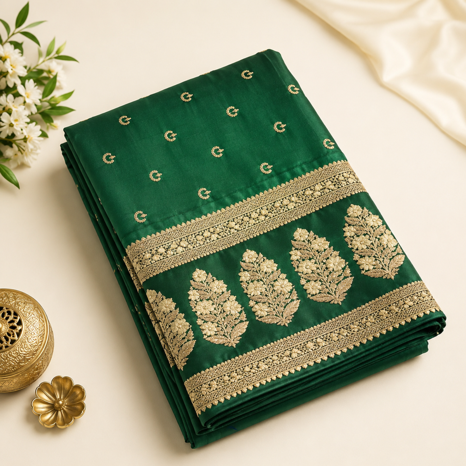 Pure Green Chaand Buta Banarsi Saree