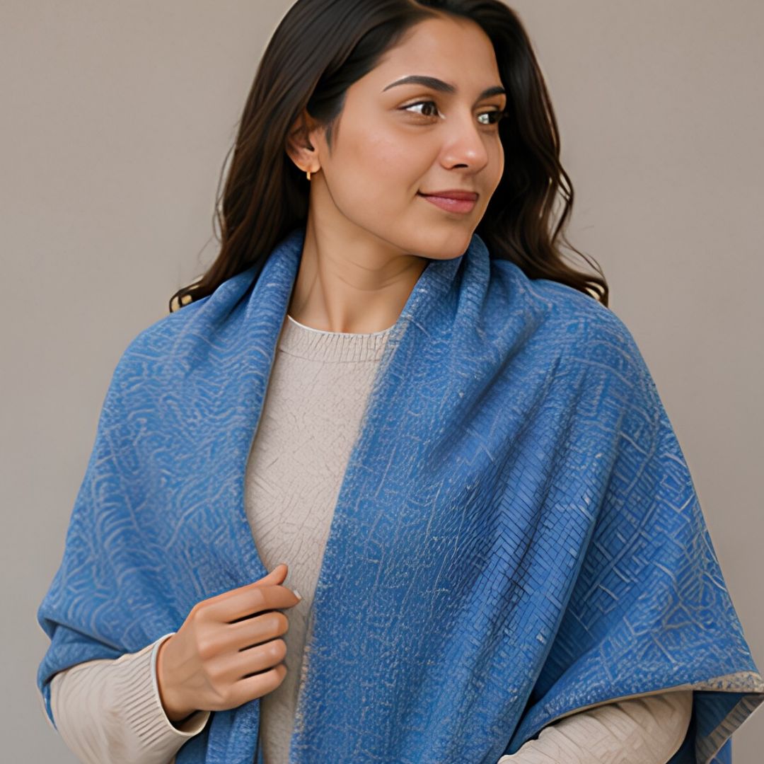 Pure hand woven Kashmiri pashmina blue shawl with gold zari on one side