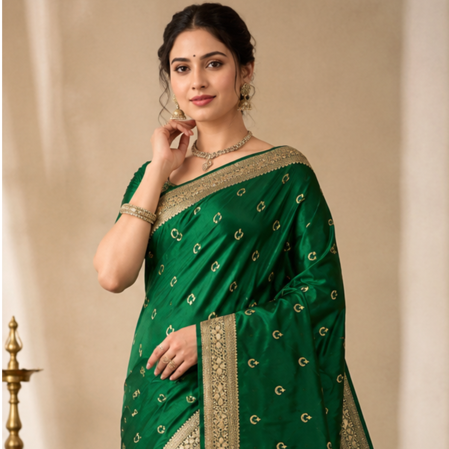 Pure Green Chaand Buta Banarsi Saree