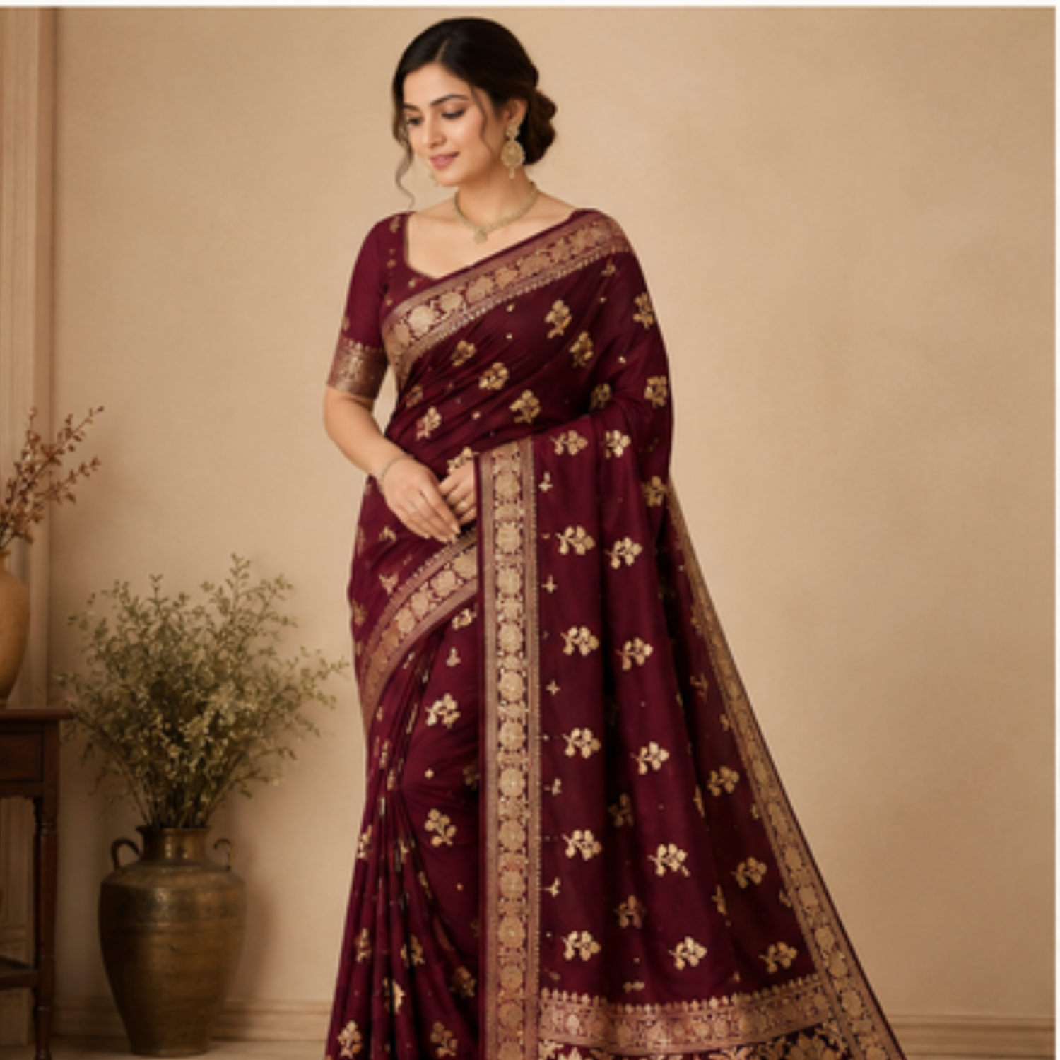 Pure Wine Booti Banarsi Saree