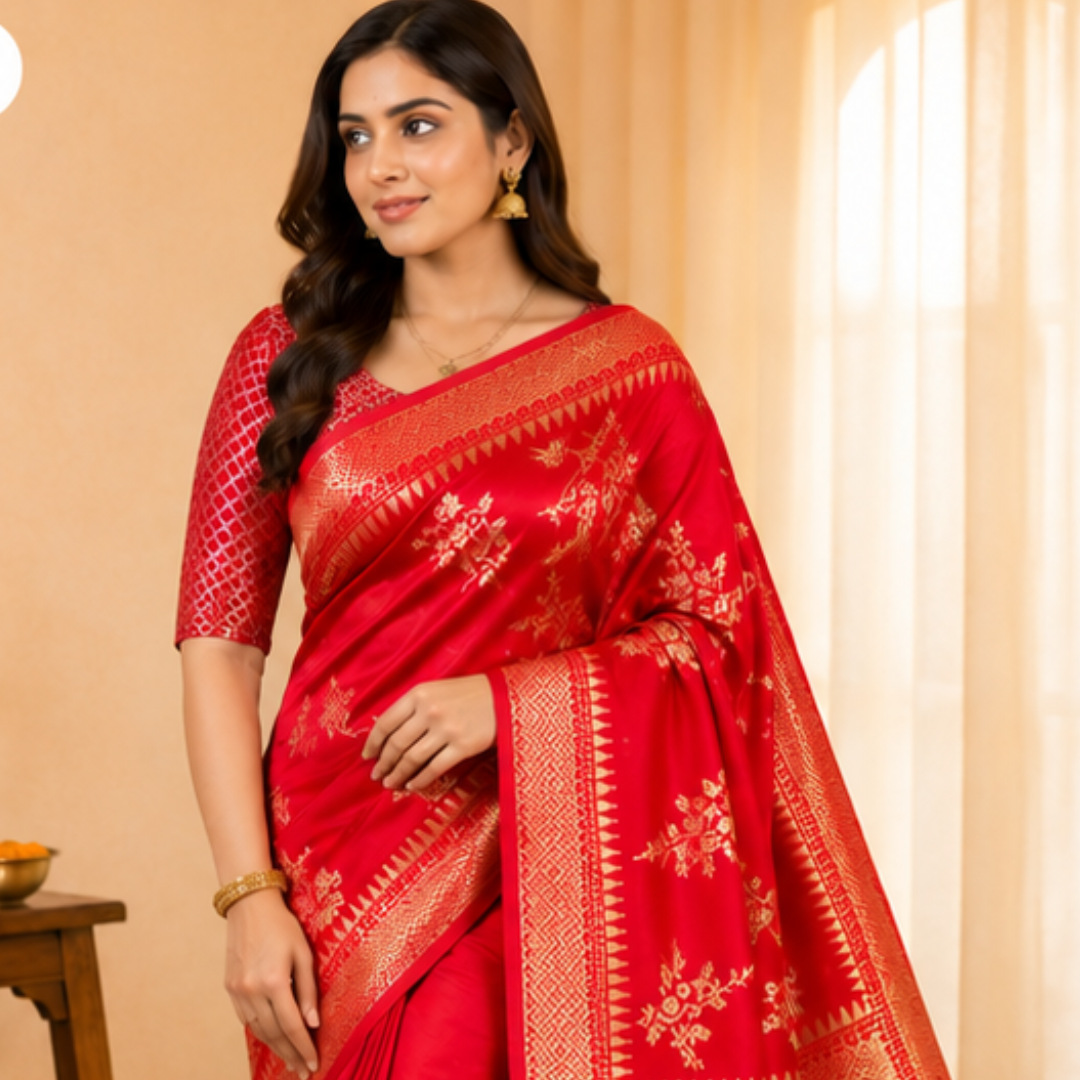Pure Red Jaal Banarsi Saree