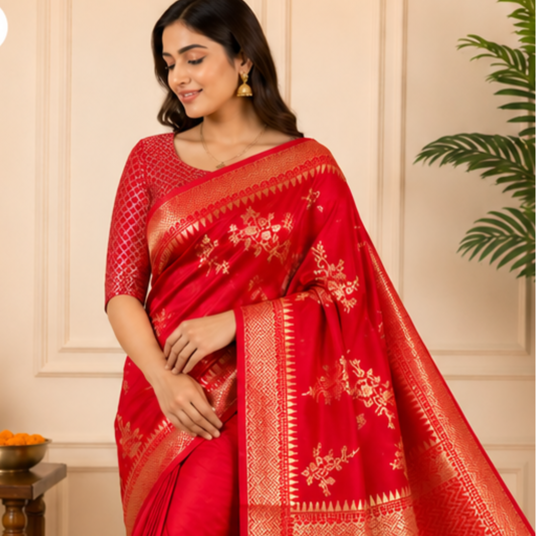 Pure Red Jaal Banarsi Saree
