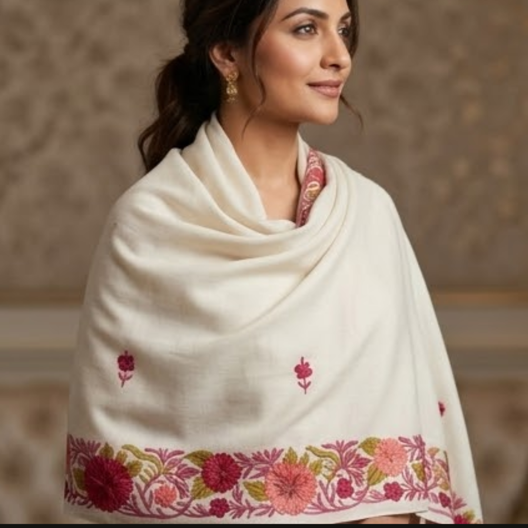 White Kashmiri Embroidered Stole