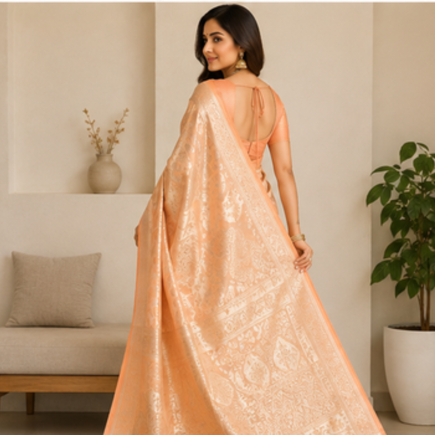 Pure Peach Jaal Banarsi Saree